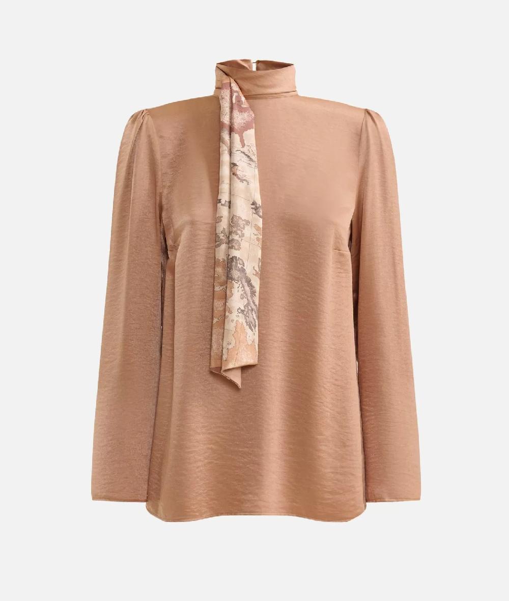 Alviero Martini 1a Classe Blusa In Fluido Satin Con Sciarpina Geo Classic Cammello