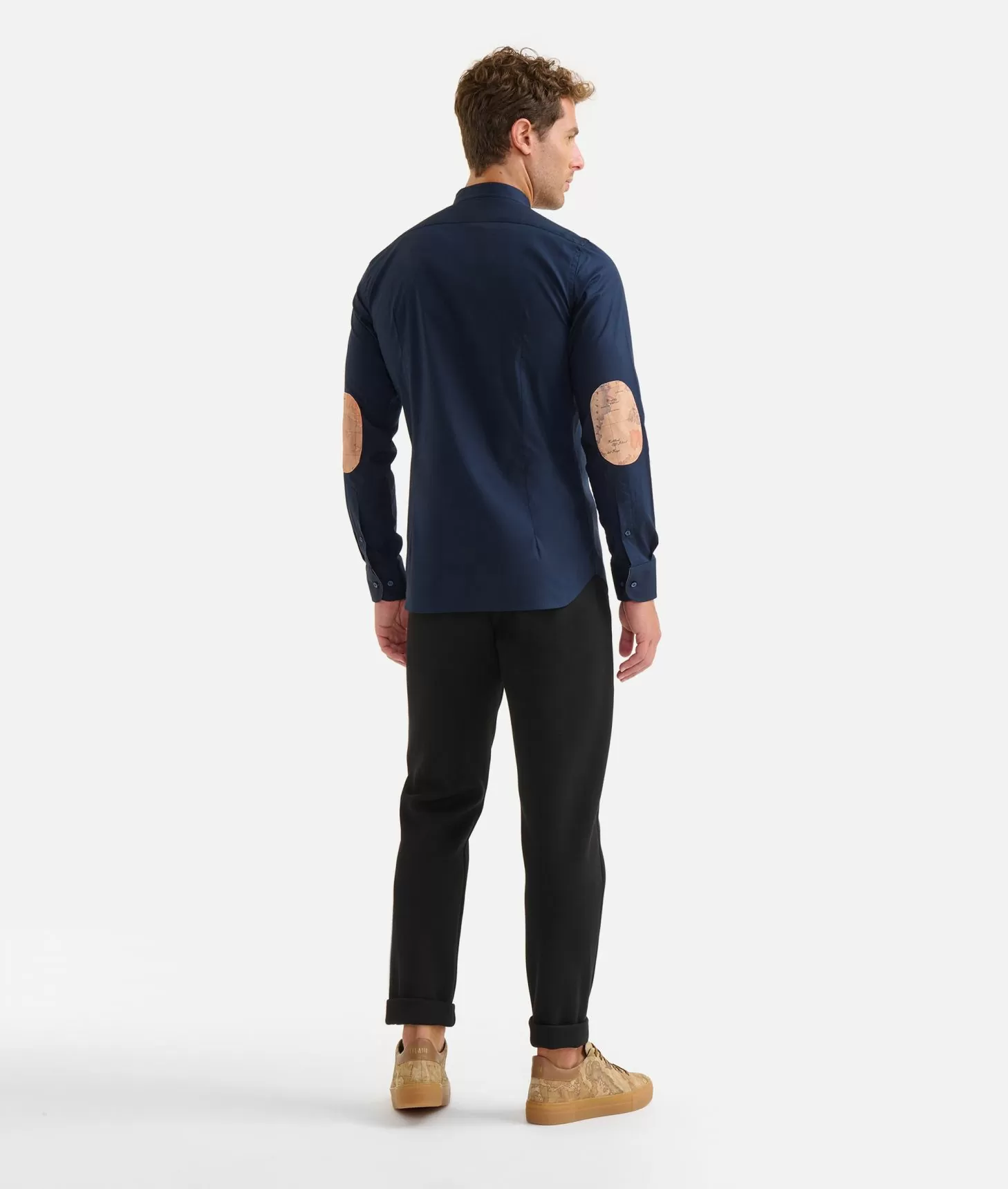 Alviero Martini 1a Classe Camicia Coreana In Cotone Stretch Con Toppe Geo Classic Blu Navy