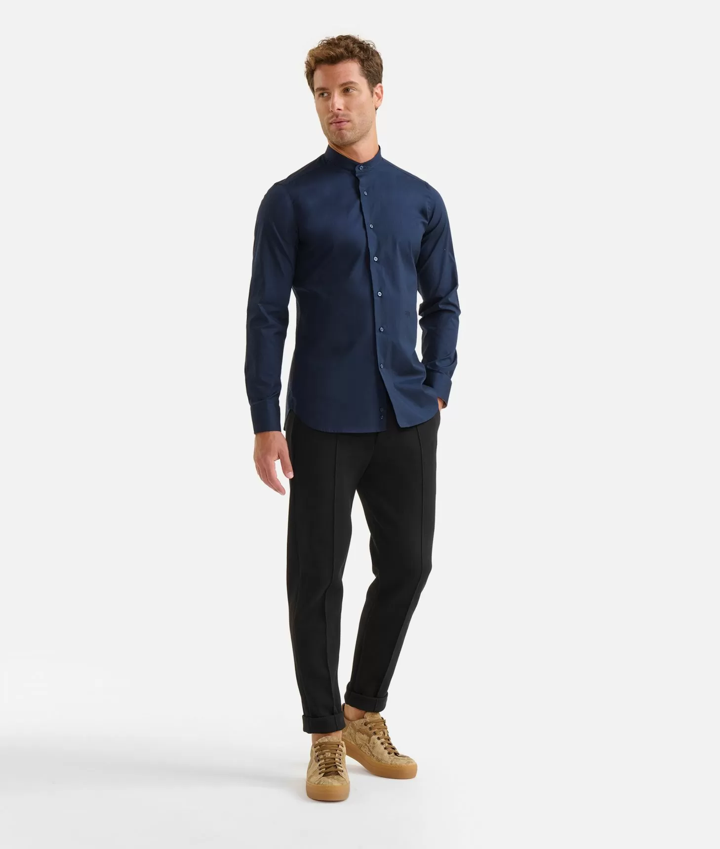 Alviero martini 1a classe Camicia coreana in cotone stretch con toppe Geo Classic Blu Navy