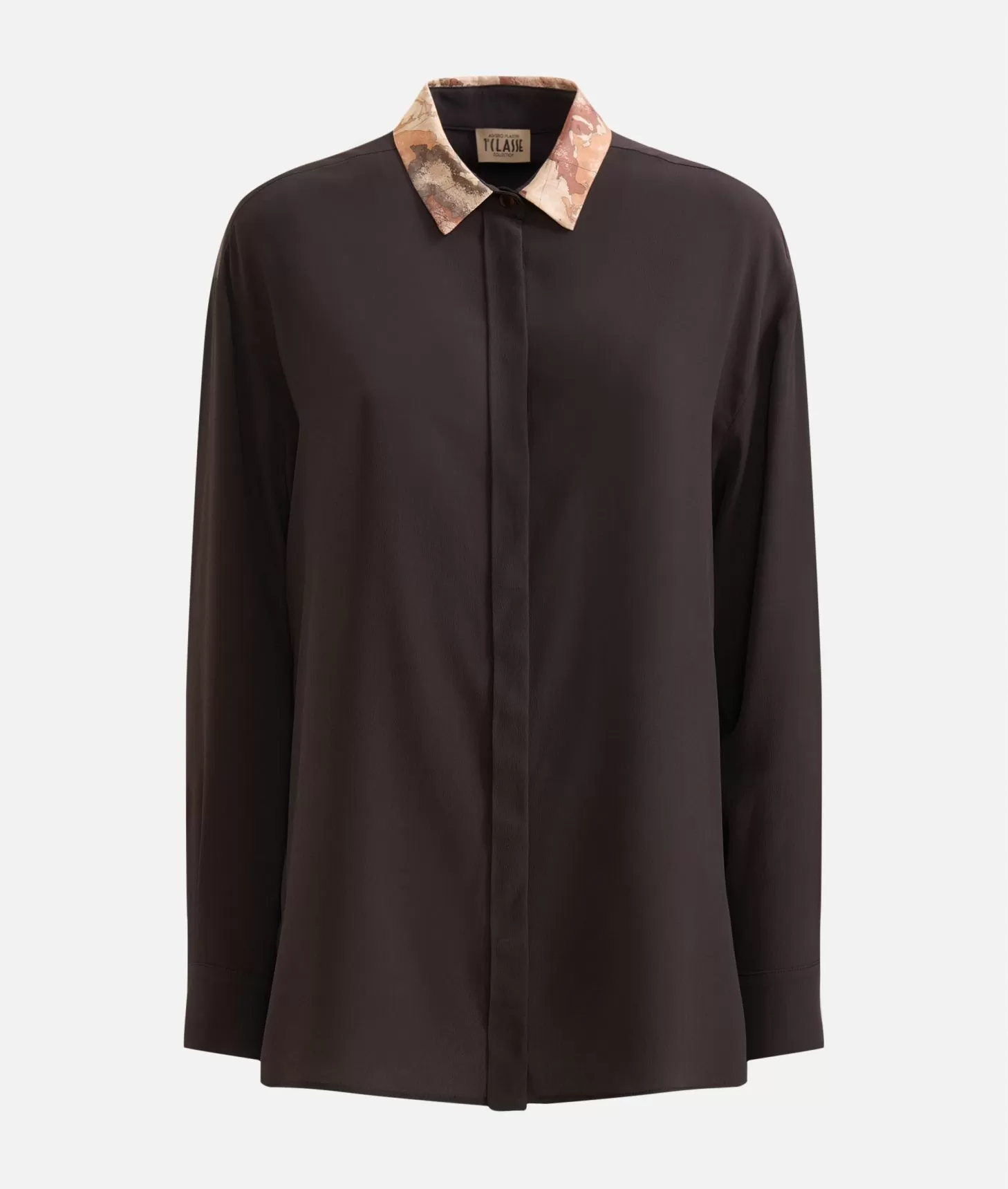 Alviero Martini 1a Classe Camicia In Crêpe De Chine Con Colletto Geo Classic Cioccolato