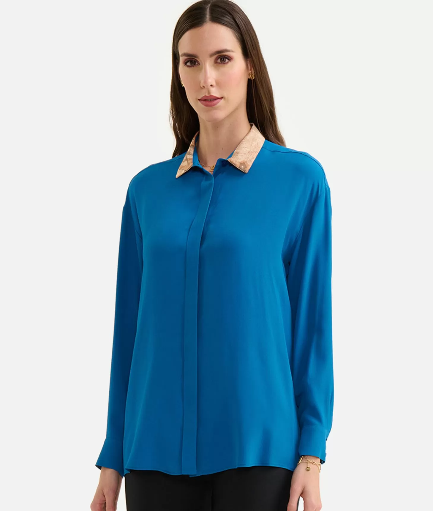 Alviero Martini 1a Classe Camicia In Crêpe De Chine Con Colletto Geo Classic Blu Di Prussia