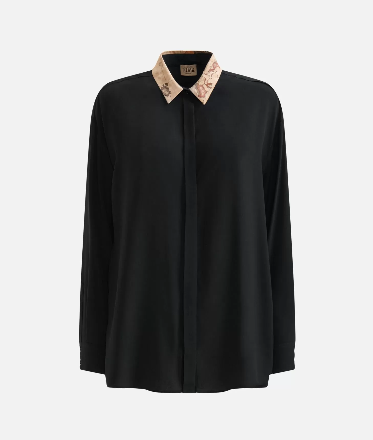 Alviero Martini 1a Classe Camicia In Crêpe De Chine Con Colletto Geo Classic Nera