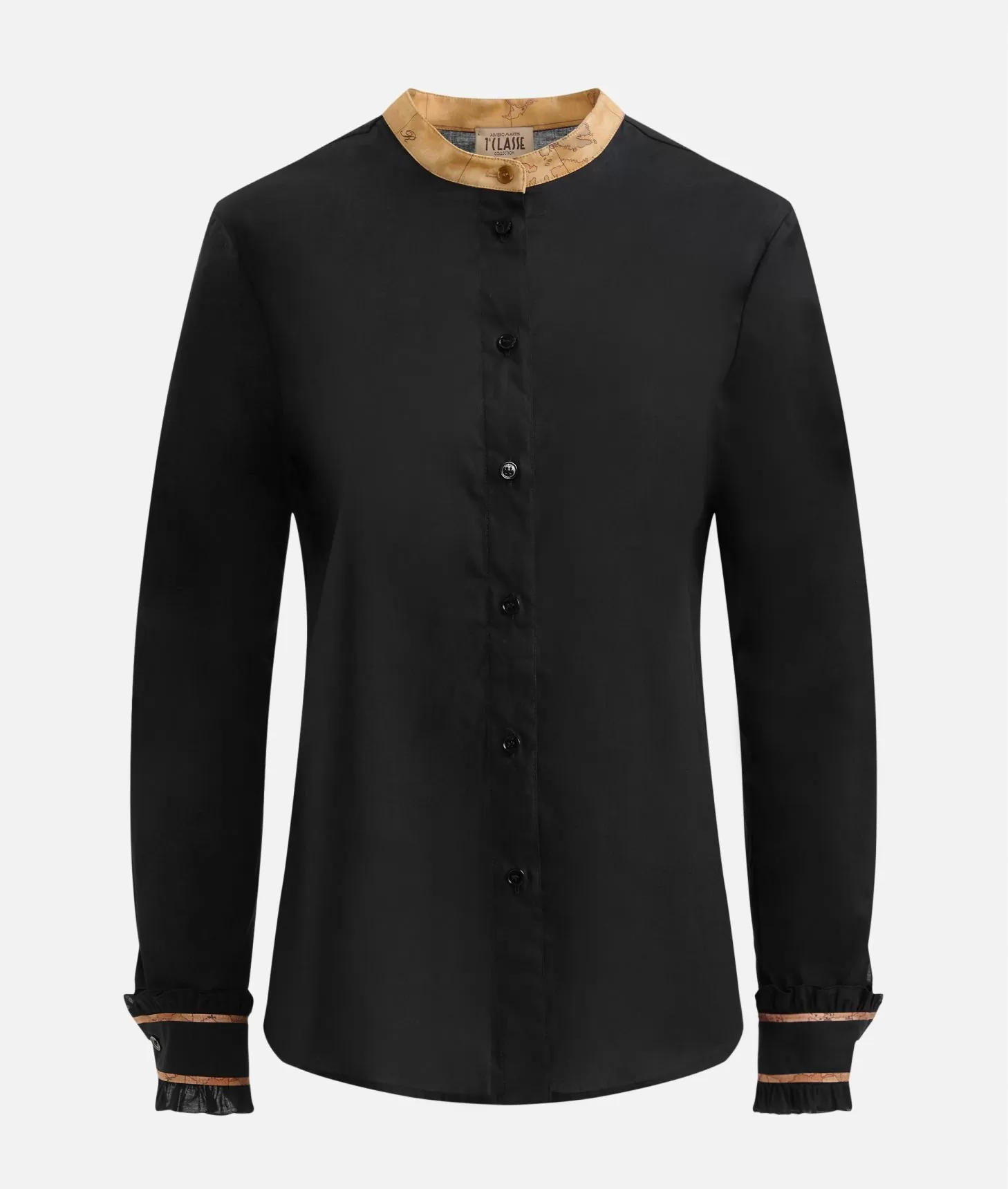 Alviero Martini 1a Classe Camicia In Popeline Di Cotone Stretch Con Collo Alla Coreana Nera