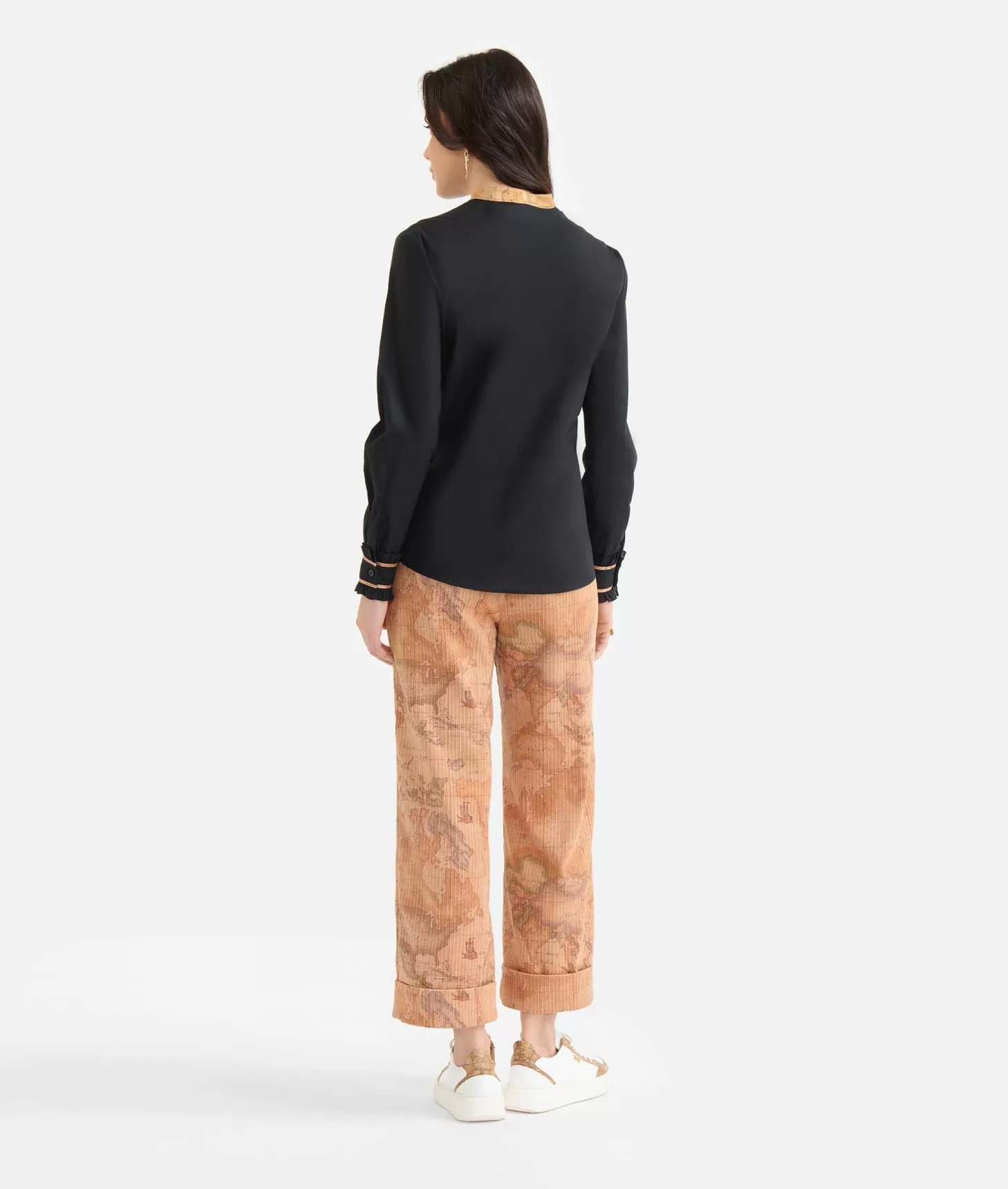 Alviero Martini 1a Classe Camicia In Popeline Di Cotone Stretch Con Collo Alla Coreana Nera