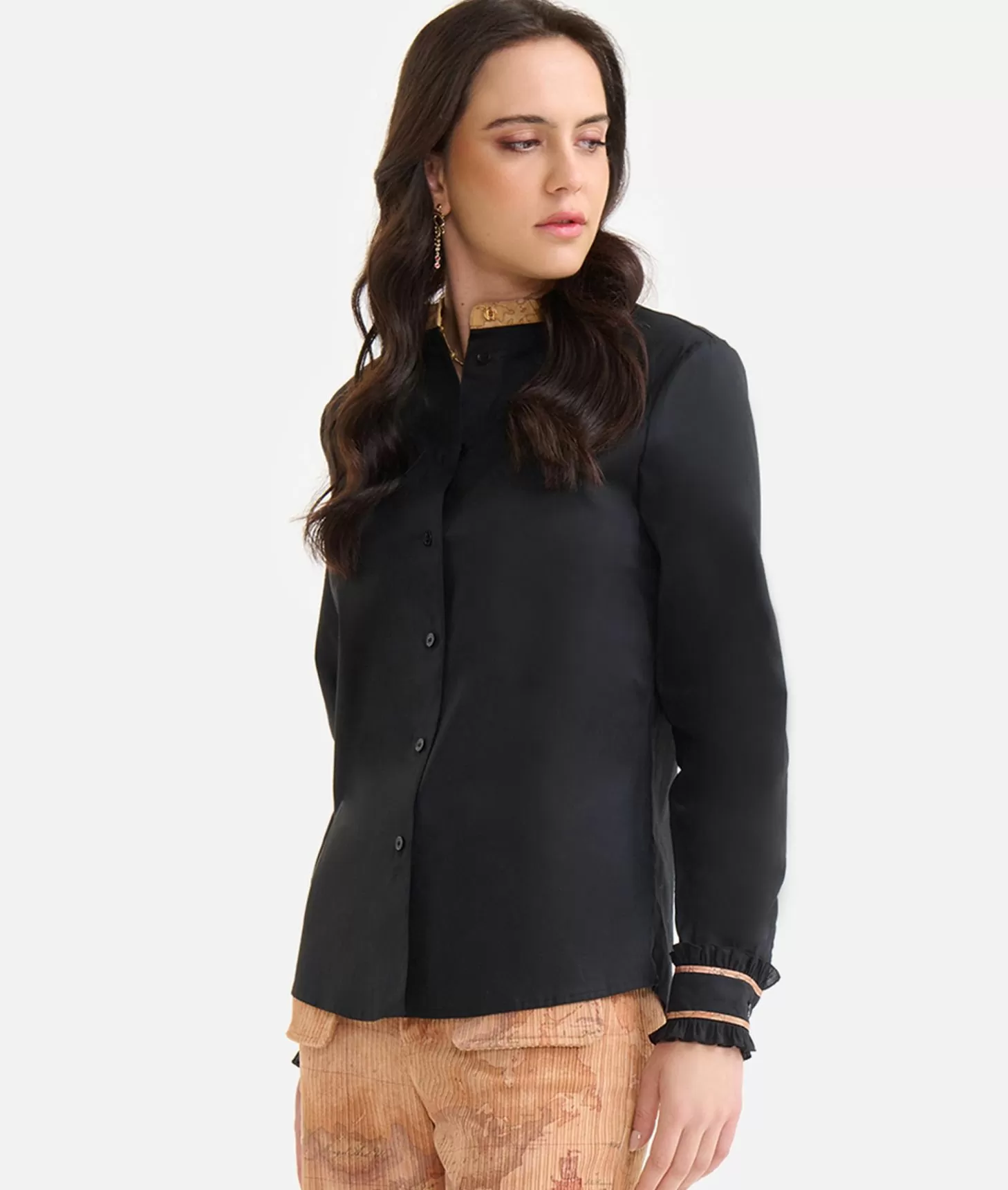 Alviero Martini 1a Classe Camicia In Popeline Di Cotone Stretch Con Collo Alla Coreana Nera