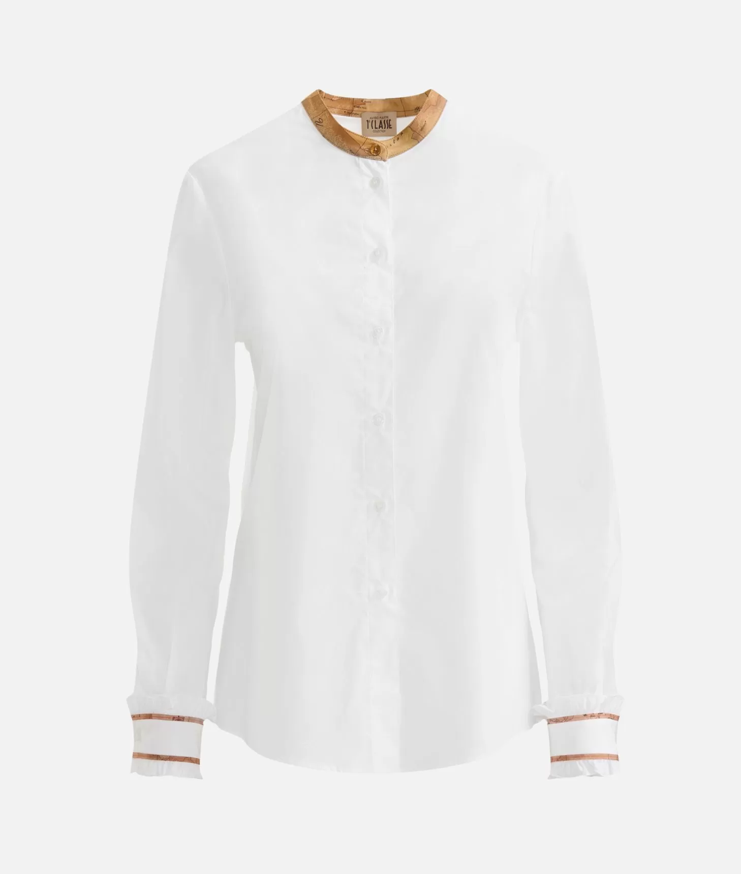 Alviero Martini 1a Classe Camicia In Popeline Di Cotone Stretch Con Collo Alla Coreana Bianca