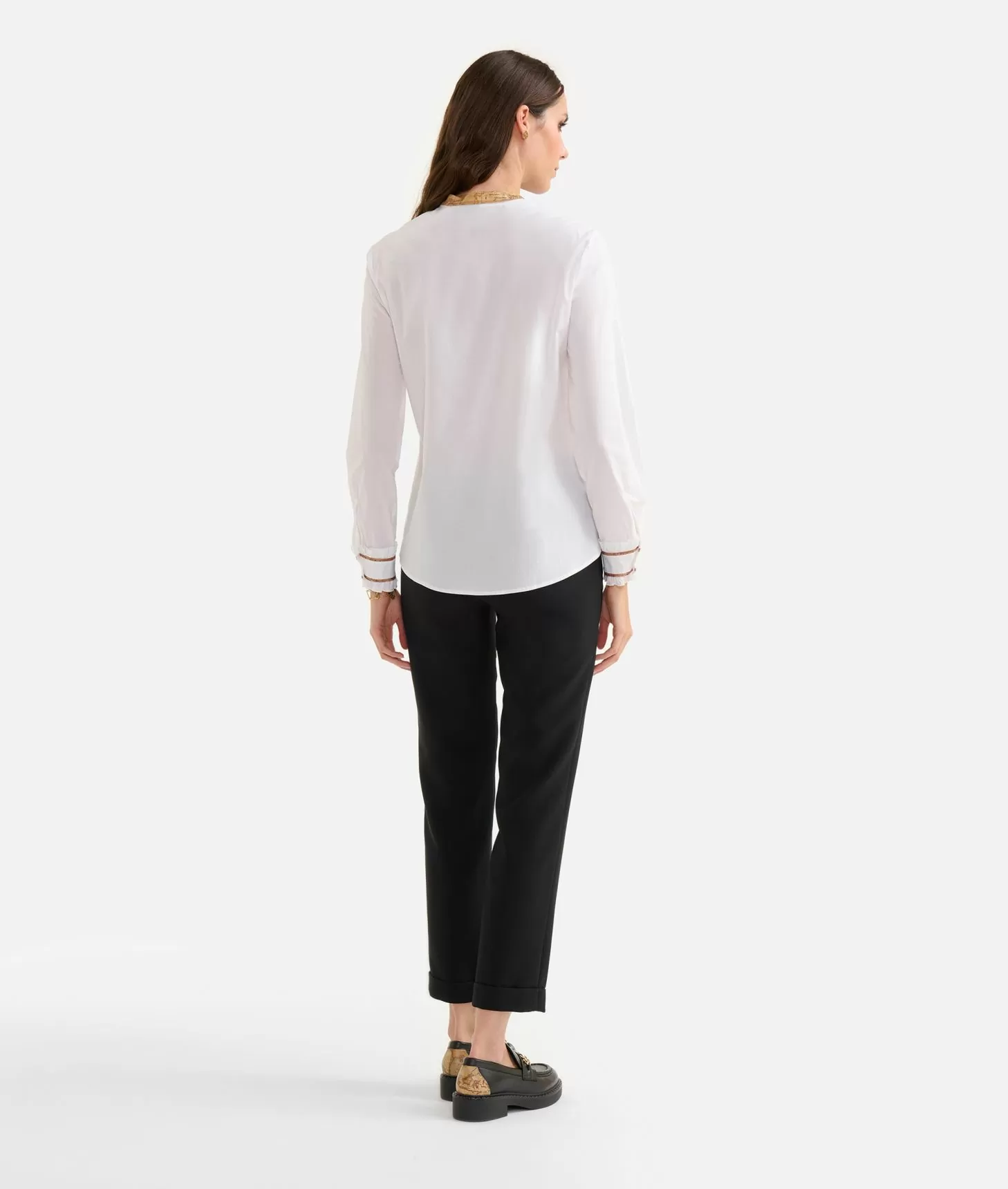 Alviero Martini 1a Classe Camicia In Popeline Di Cotone Stretch Con Collo Alla Coreana Bianca