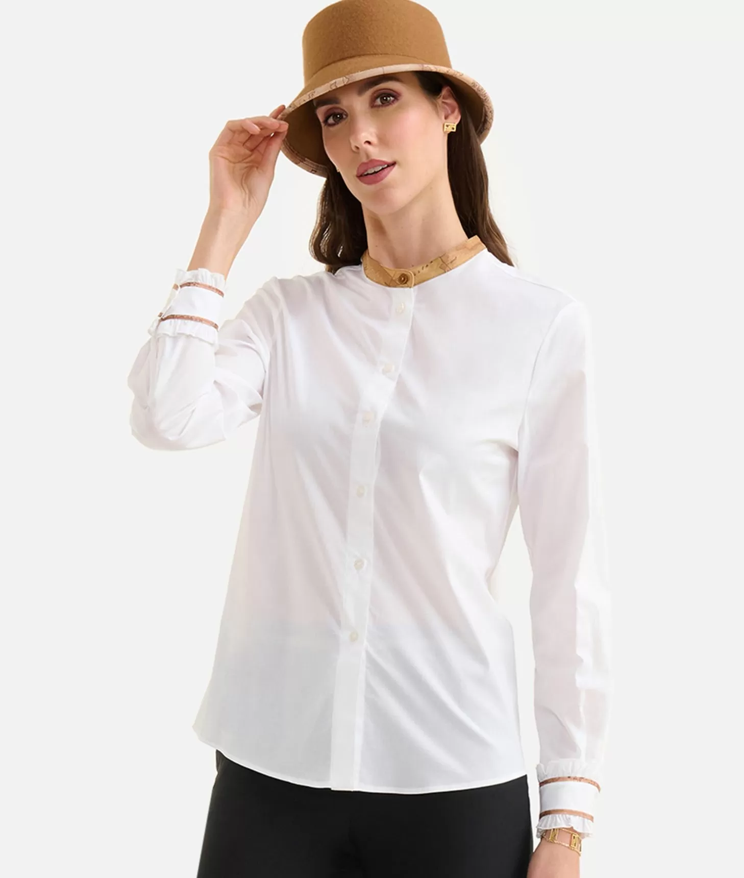 Alviero Martini 1a Classe Camicia In Popeline Di Cotone Stretch Con Collo Alla Coreana Bianca