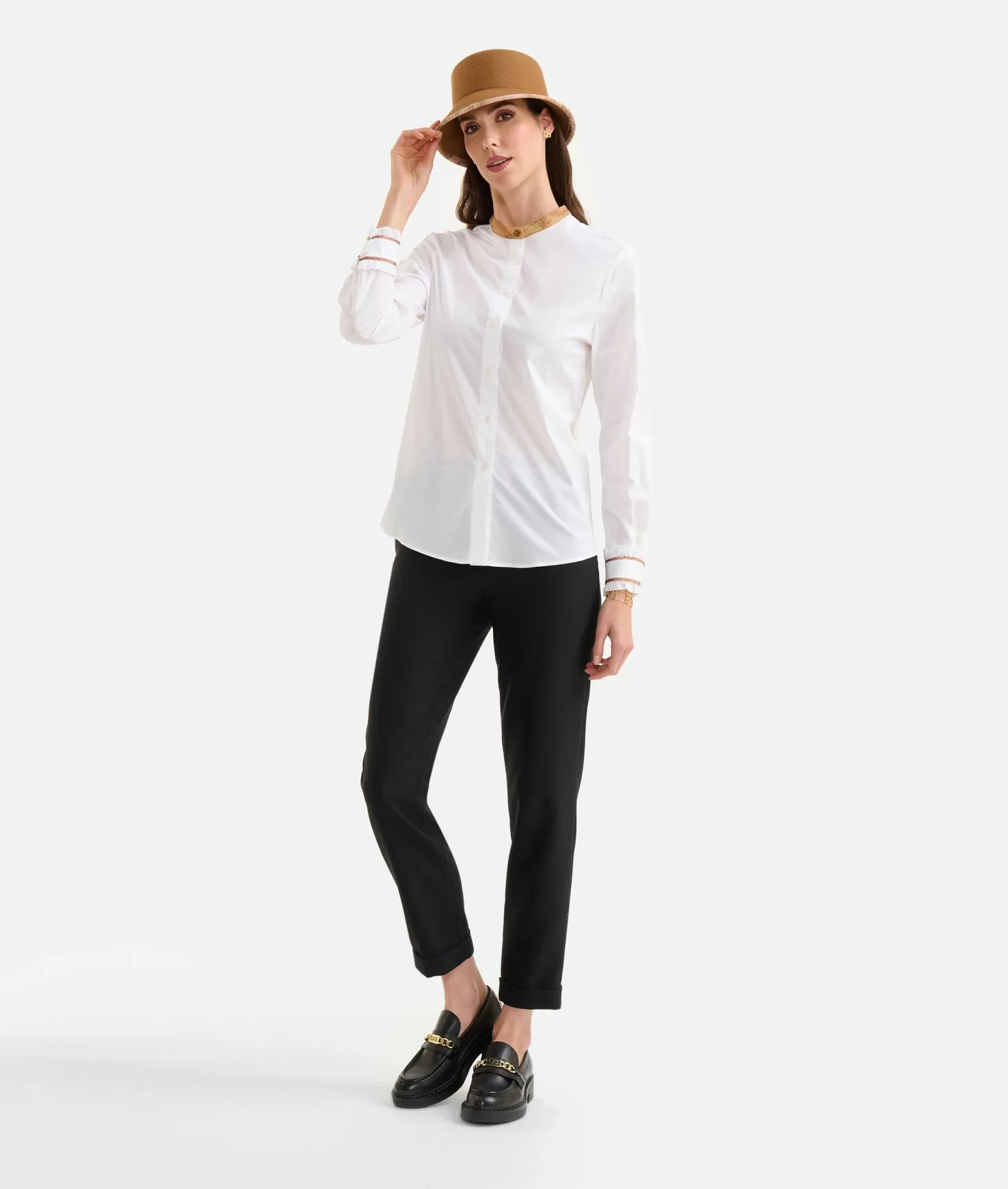 Alviero martini 1a classe Camicia in popeline di cotone stretch con collo alla coreana Bianca