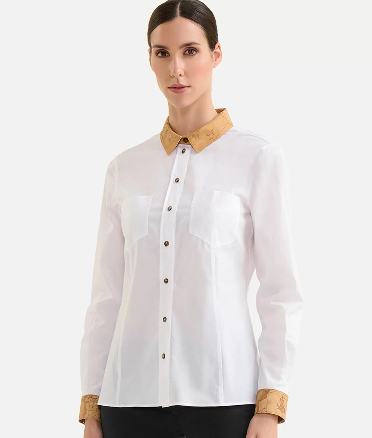 Alviero Martini 1a Classe Camicia In Popeline Di Cotone Stretch Con Dettagli Geo Classic Bianca