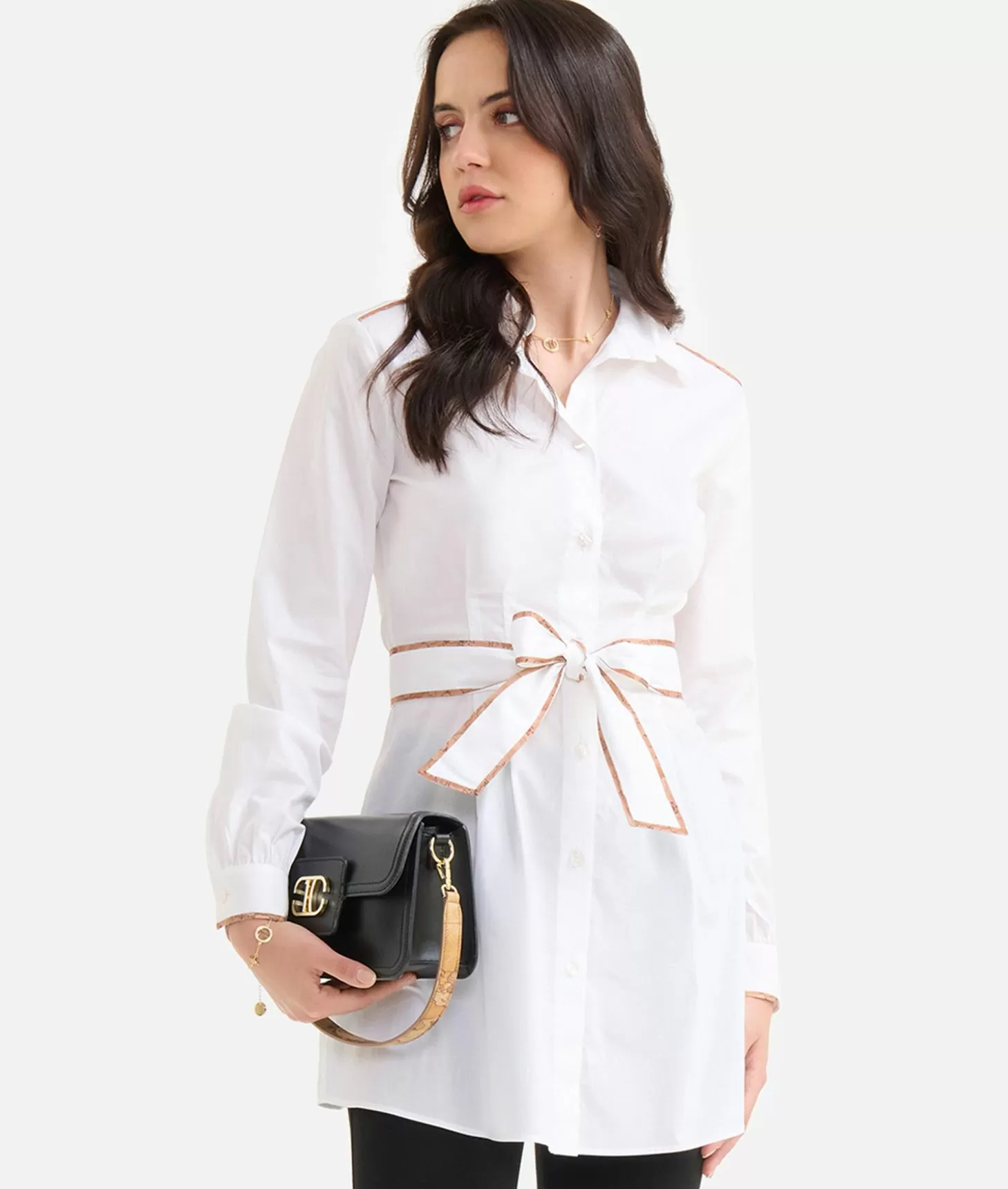 Alviero Martini 1a Classe Camicia Lunga Con Cintura In Popeline Di Cotone Stretch Bianca