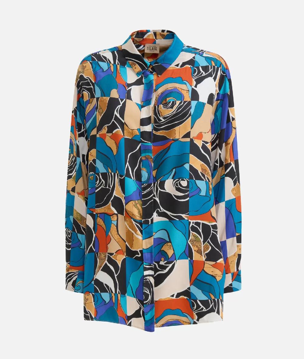 Alviero Martini 1a Classe Camicia Oversize In Viscosa Stampa Rosa Del Deserto Blu