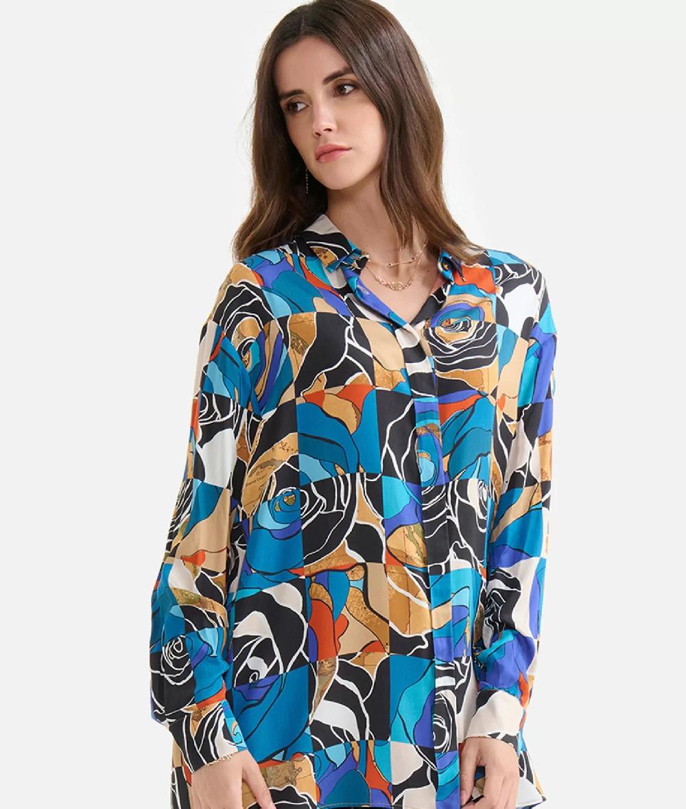 Alviero Martini 1a Classe Camicia Oversize In Viscosa Stampa Rosa Del Deserto Blu