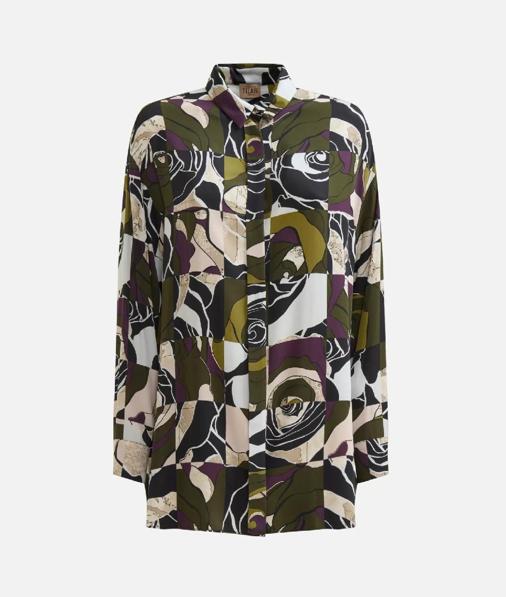 Alviero Martini 1a Classe Camicia Oversize In Viscosa Stampa Rosa Del Deserto Verde
