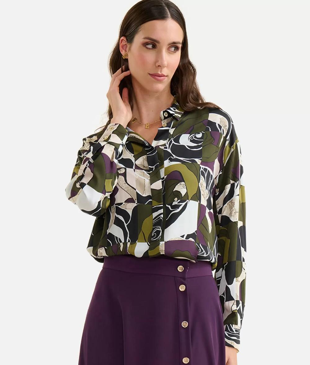 Alviero Martini 1a Classe Camicia Oversize In Viscosa Stampa Rosa Del Deserto Verde