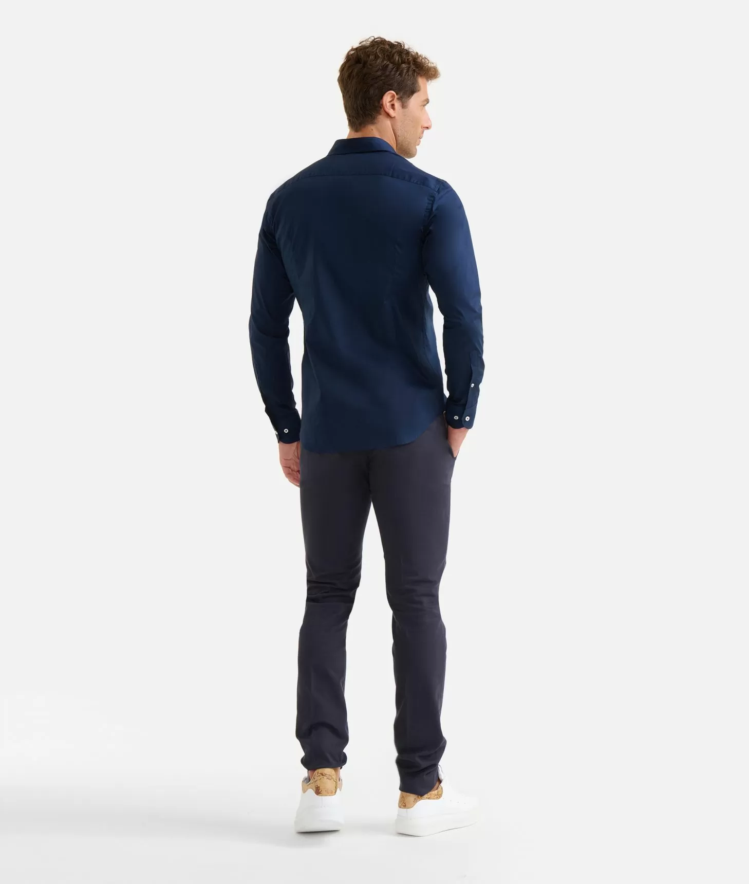 Alviero Martini 1a Classe Camicia Slim In Cotone Stretch Con Dettaglio Taschino Blu Navy