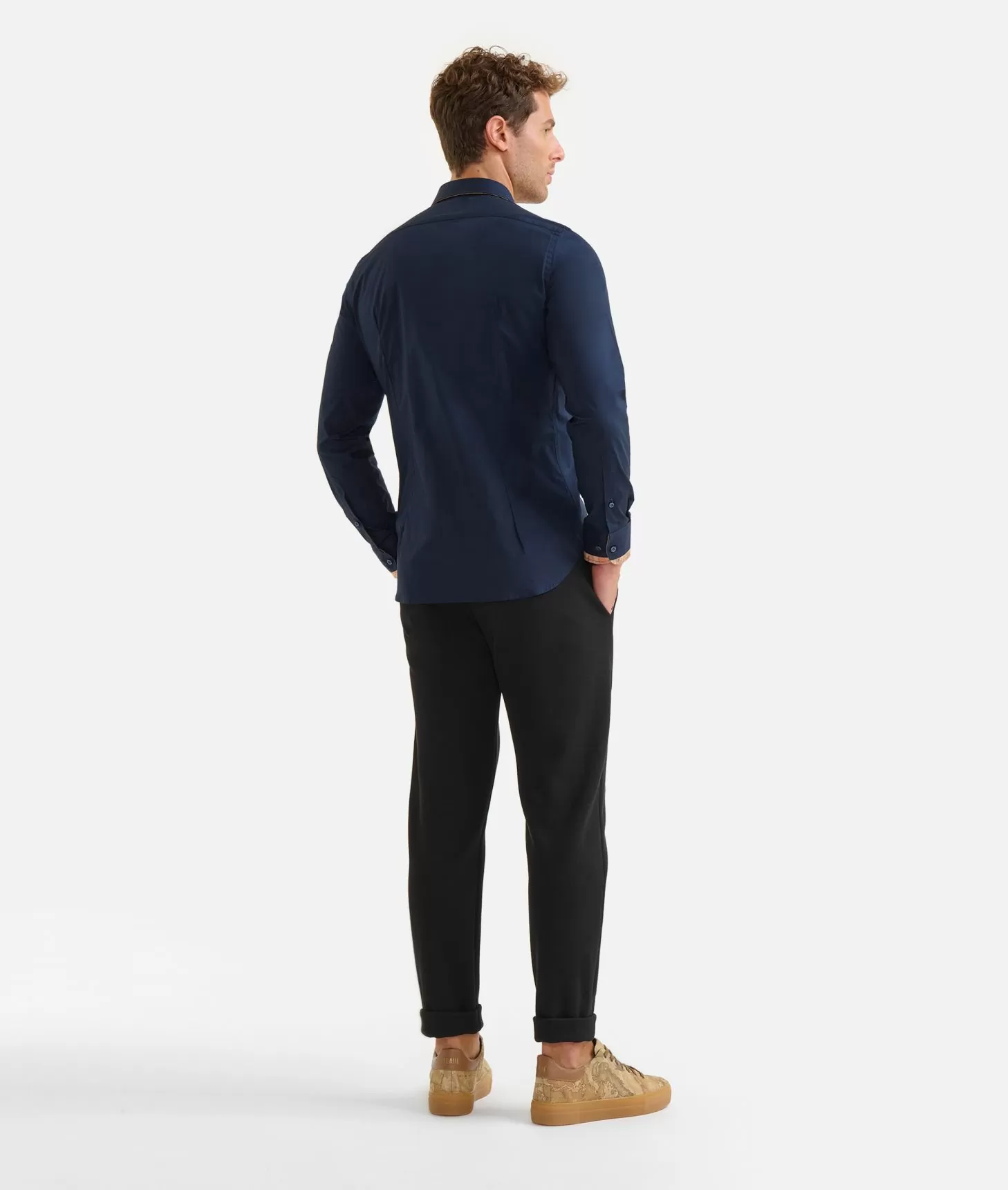 Alviero Martini 1a Classe Camicia Slim In Cotone Stretch Con Profili Geo Classic Blu Navy