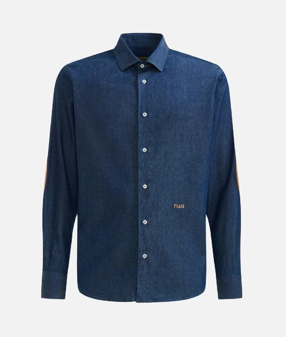 Alviero Martini 1a Classe Camicia Slim In Denim Leggero Con Toppe Geo Classic Blu Jeans Scuro
