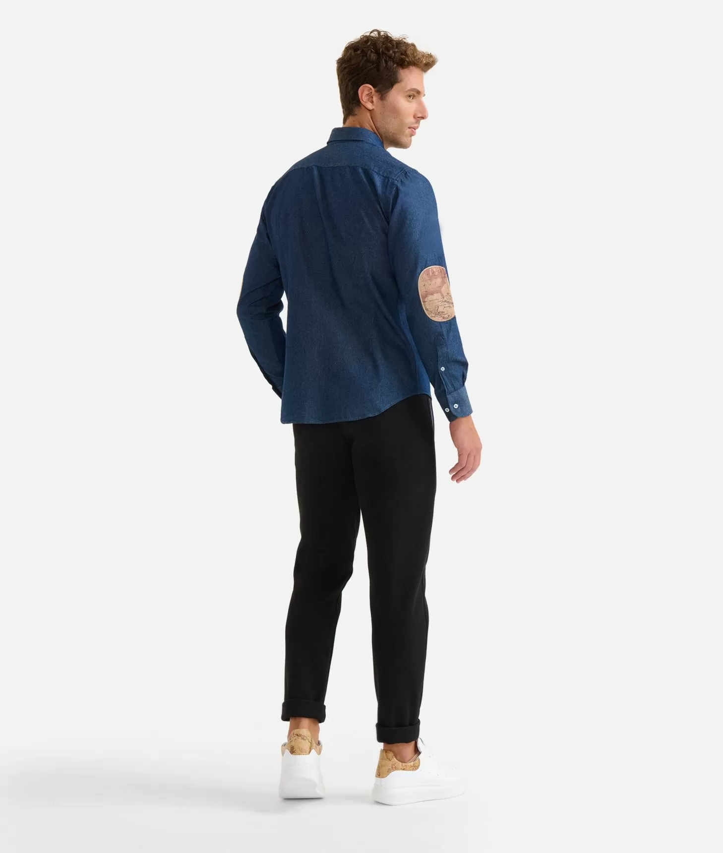 Alviero Martini 1a Classe Camicia Slim In Denim Leggero Con Toppe Geo Classic Blu Jeans Scuro