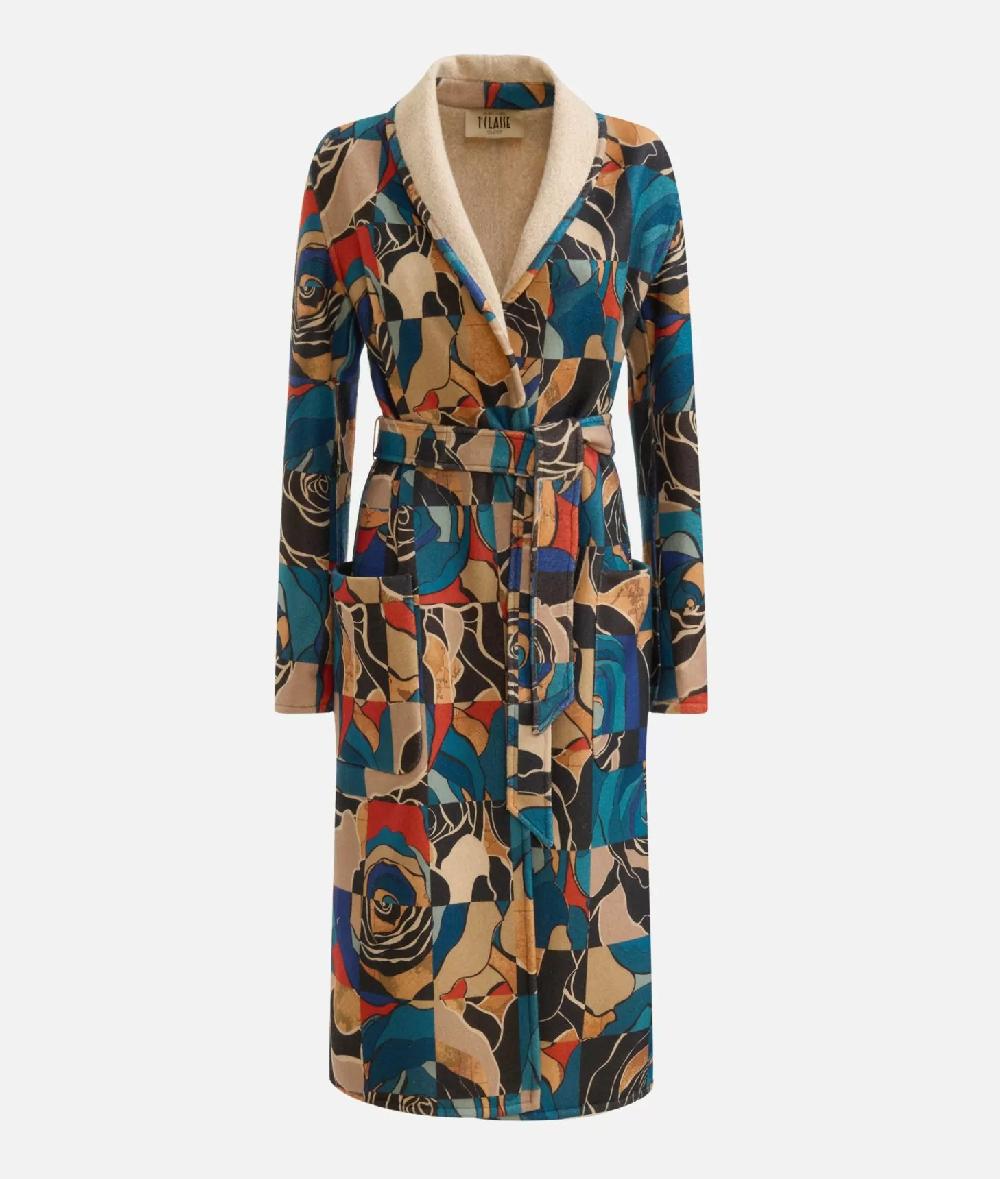 Alviero Martini 1a Classe Cappotto Sfoderato In Panno Stampa Rosa Del Deserto Blu