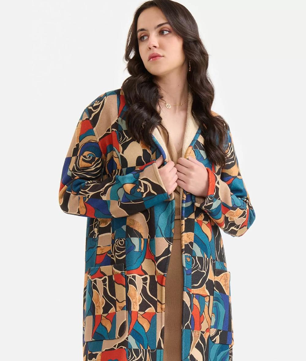 Alviero Martini 1a Classe Cappotto Sfoderato In Panno Stampa Rosa Del Deserto Blu