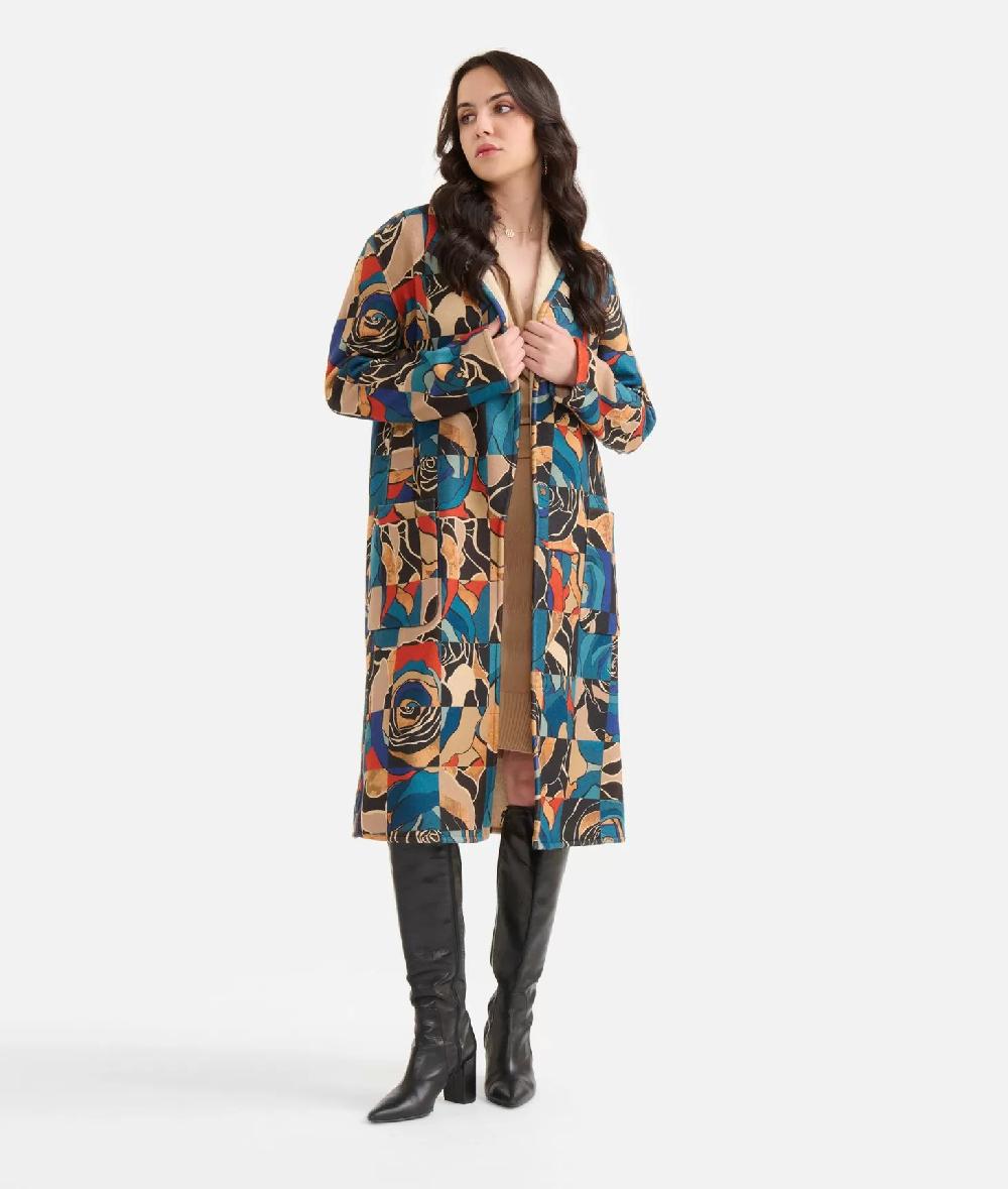 Alviero martini 1a classe Cappotto sfoderato in panno stampa Rosa del Deserto Blu