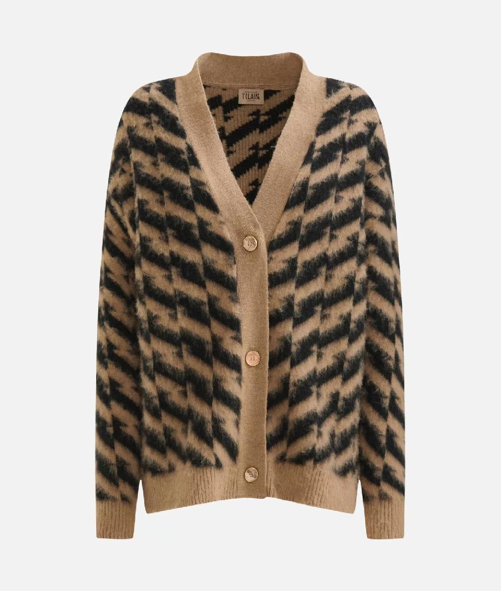 Alviero Martini 1a Classe Cardigan In Filato Di Lana E Viscosa Con Motivo Diagonale Nero