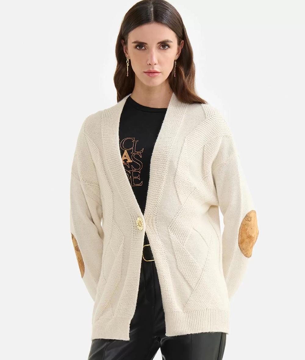 Alviero Martini 1a Classe Cardigan In Filato Misto Lana Con Toppe Geo Classic Bianco Lana