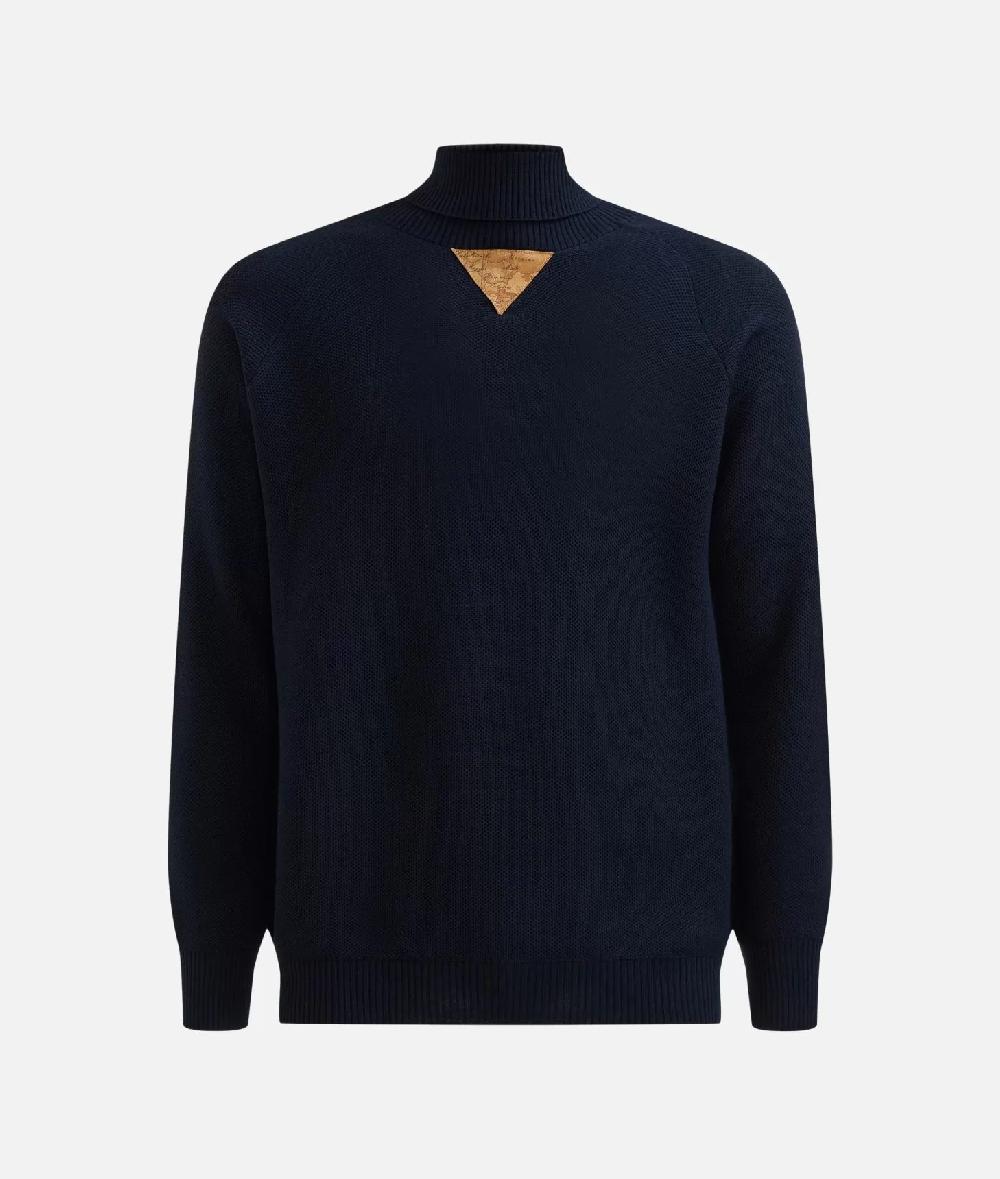 Alviero Martini 1a Classe Dolcevita In Filato Misto Lana Con Toppe Geo Classic Blu Notte