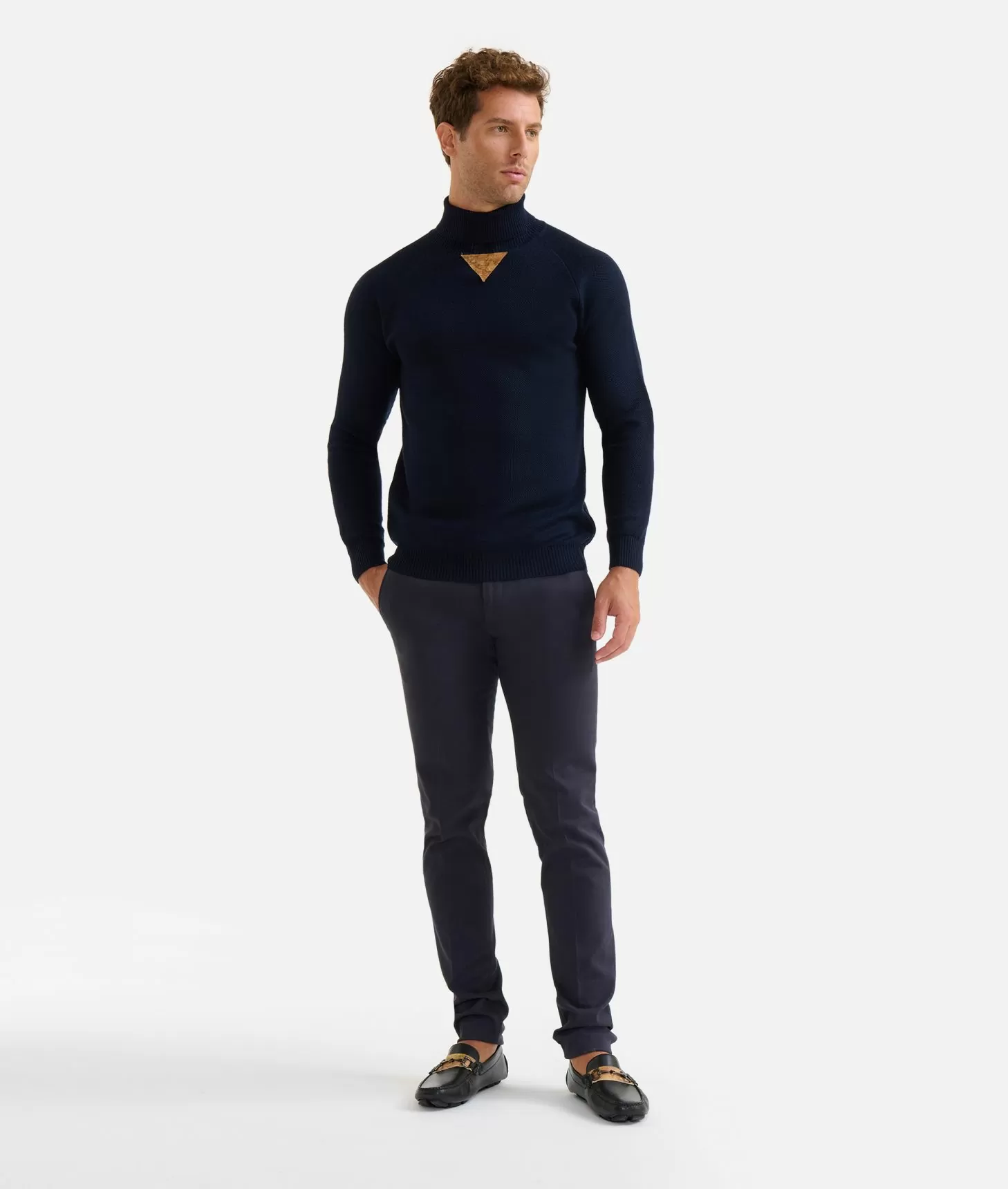 Alviero martini 1a classe Dolcevita in filato misto lana con toppe Geo Classic Blu Notte