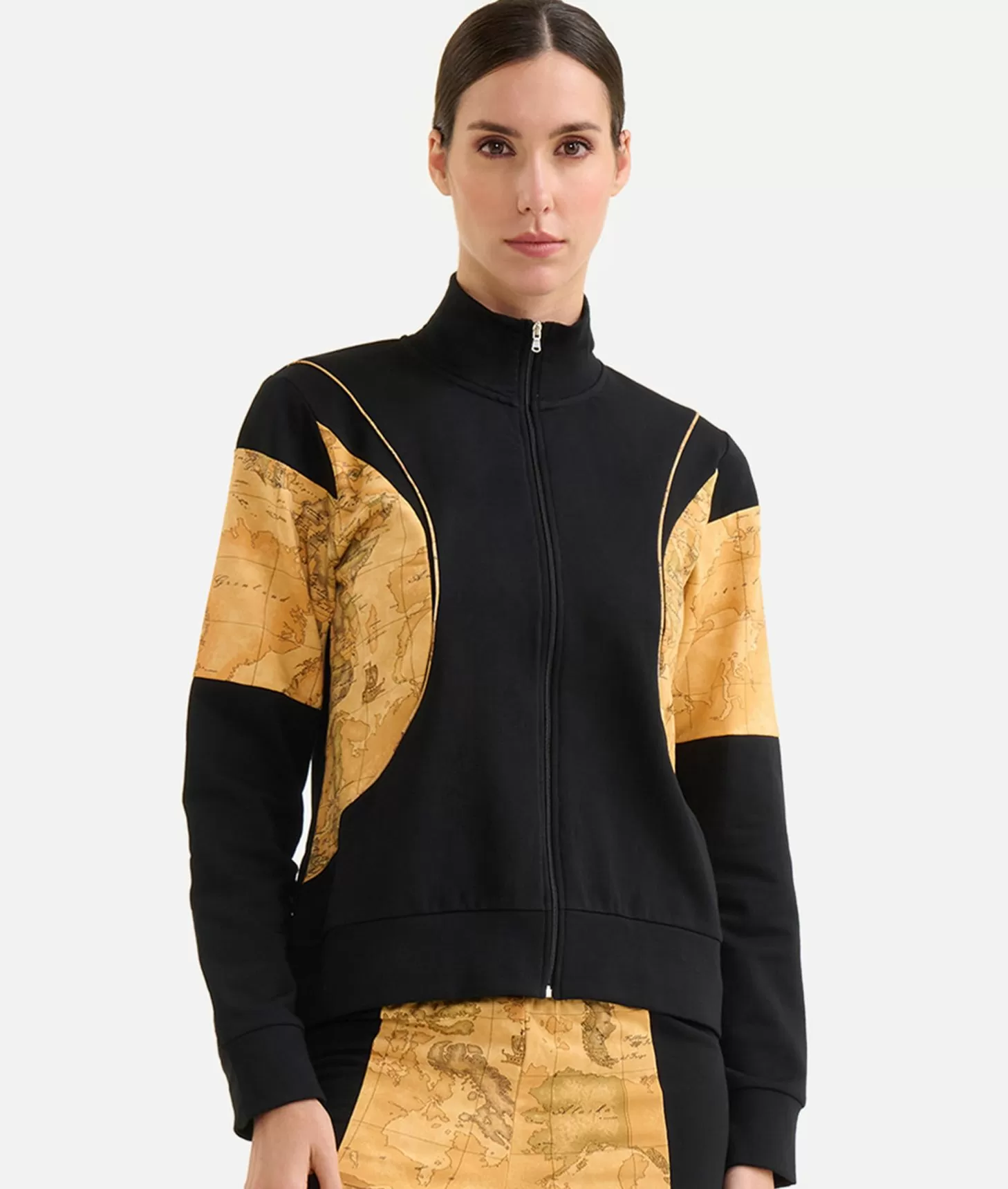 Alviero Martini 1a Classe Felpa Con Zip In Cotone Garzato Stretch Con Inserti Geo Classic Nera