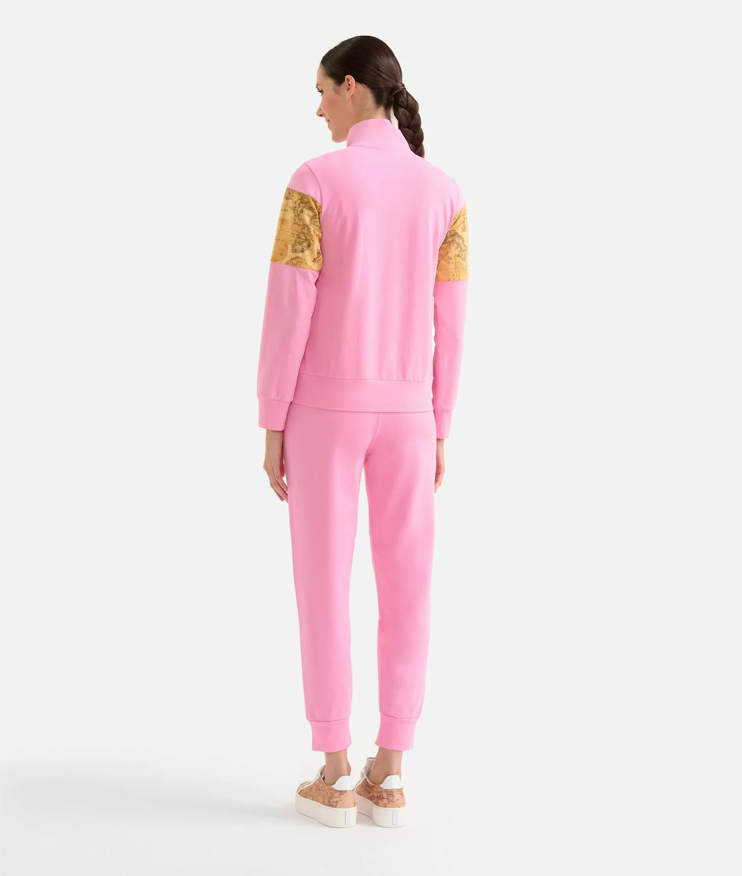 Alviero Martini 1a Classe Felpa Con Zip In Cotone Garzato Stretch Con Inserti Geo Classic Rosa Confetto