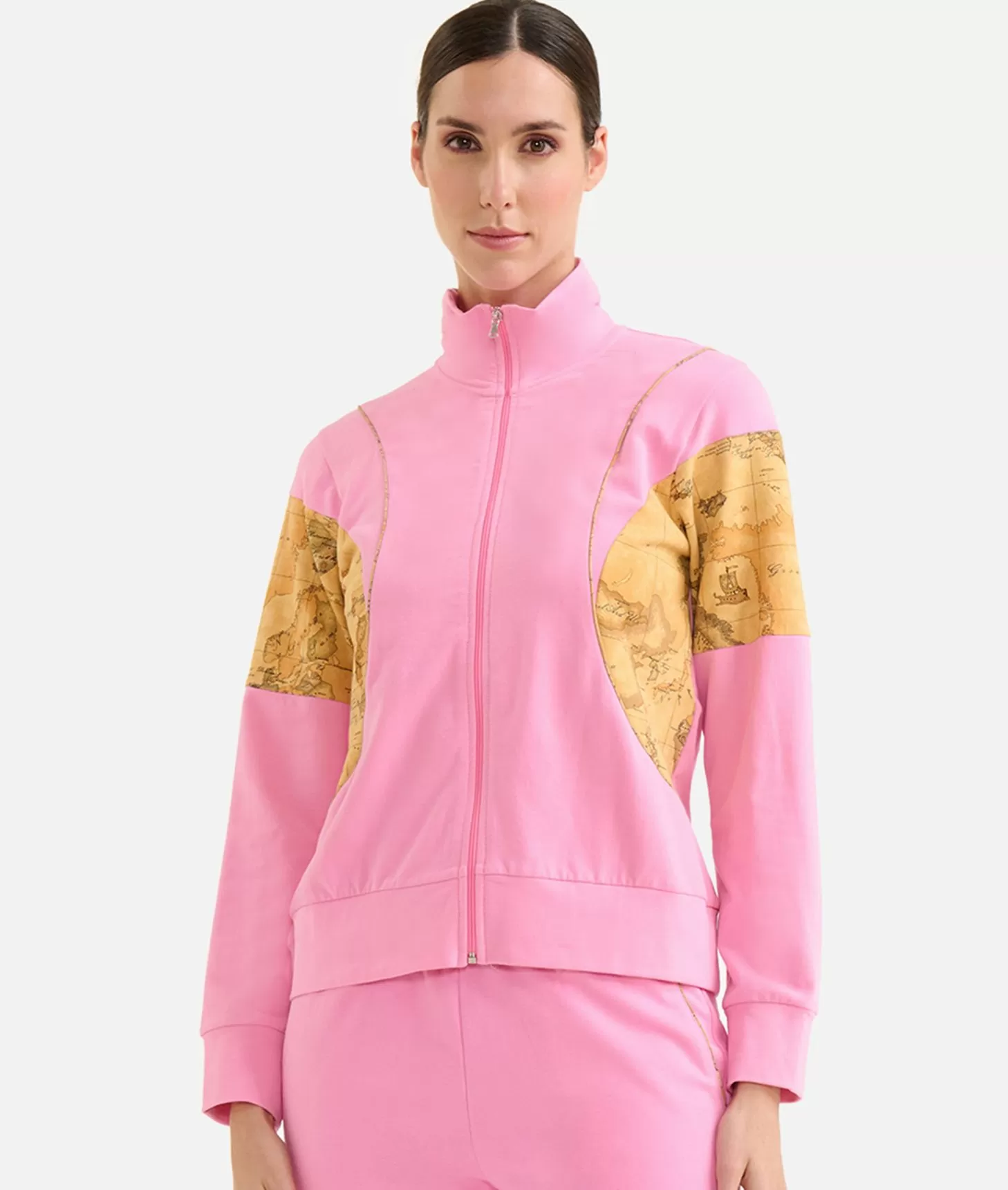 Alviero Martini 1a Classe Felpa Con Zip In Cotone Garzato Stretch Con Inserti Geo Classic Rosa Confetto