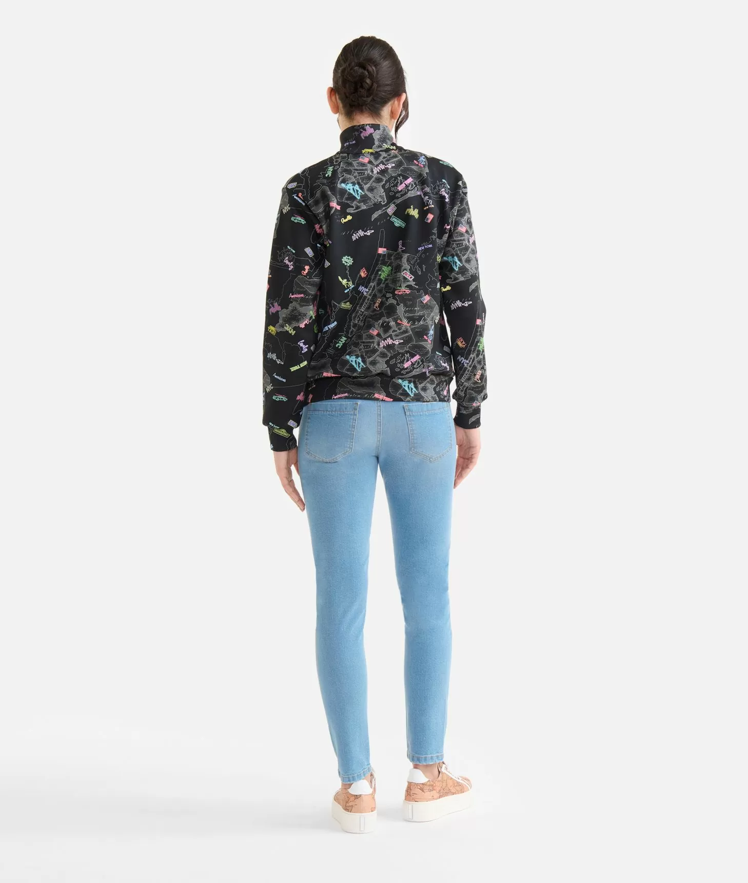 Alviero Martini 1a Classe Felpa Con Zip In Tessuto Scuba Stampa Geo NYC Nera