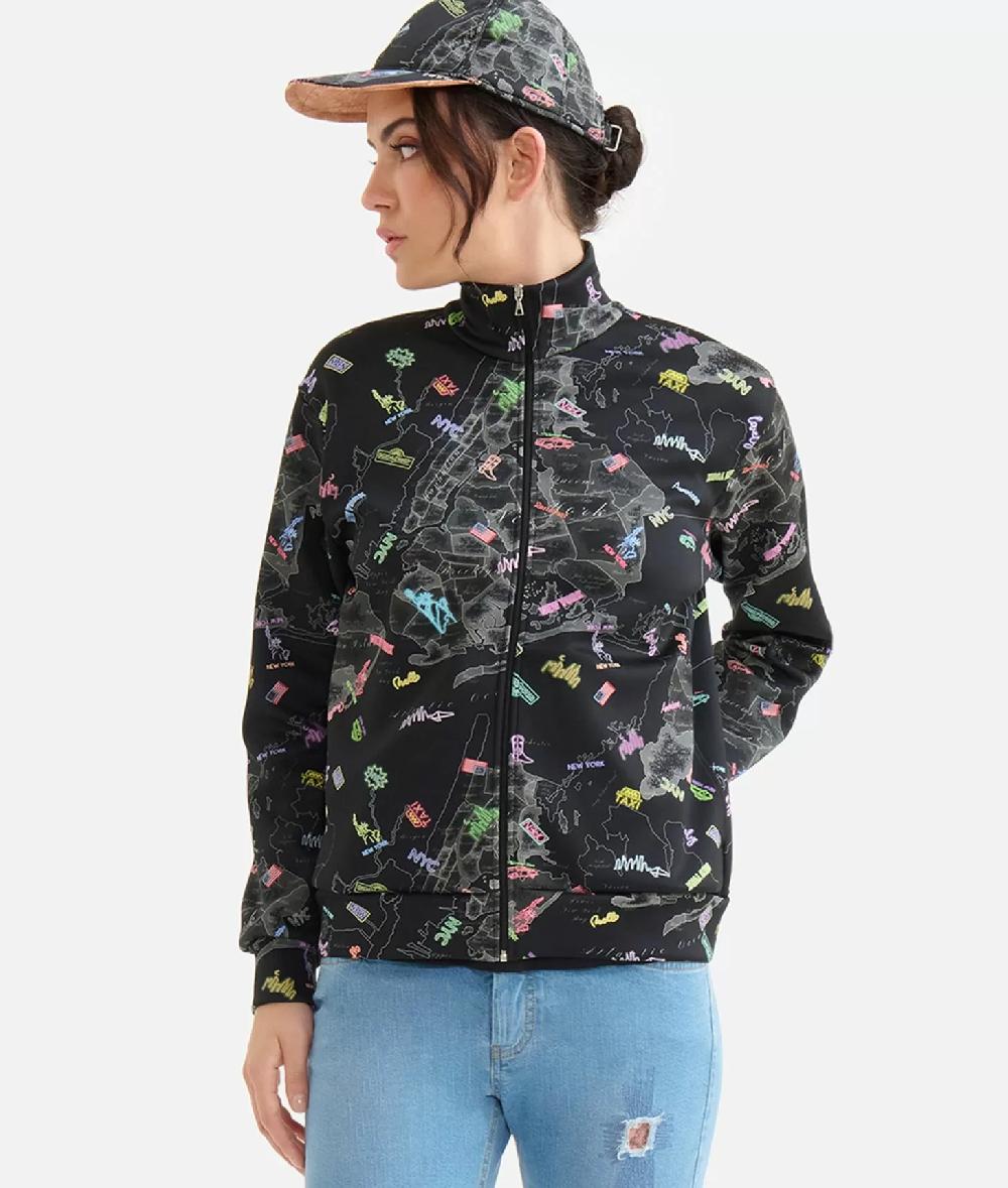 Alviero Martini 1a Classe Felpa Con Zip In Tessuto Scuba Stampa Geo NYC Nera