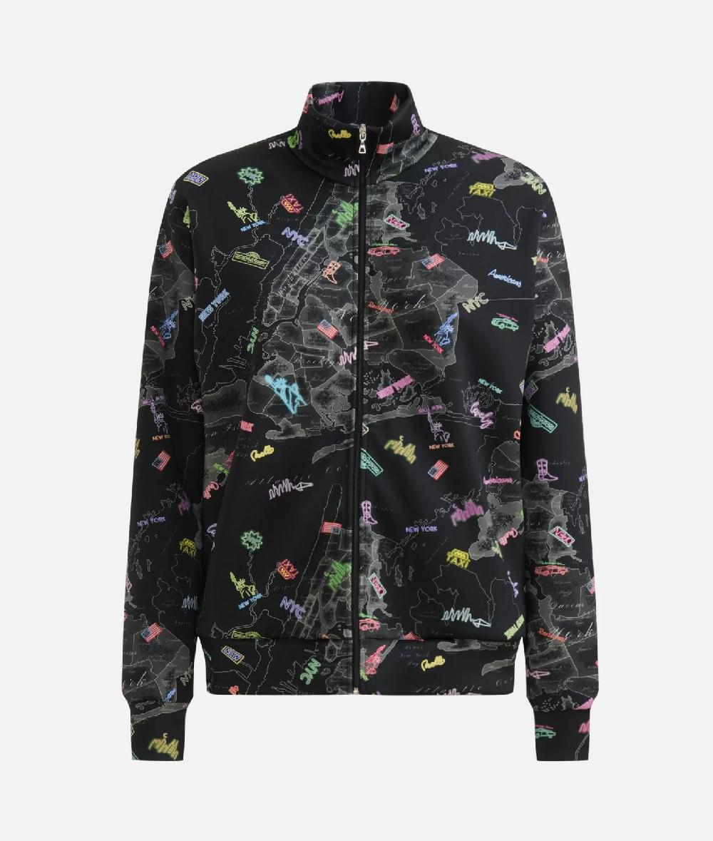 Alviero Martini 1a Classe Felpa Con Zip In Tessuto Scuba Stampa Geo NYC Nera