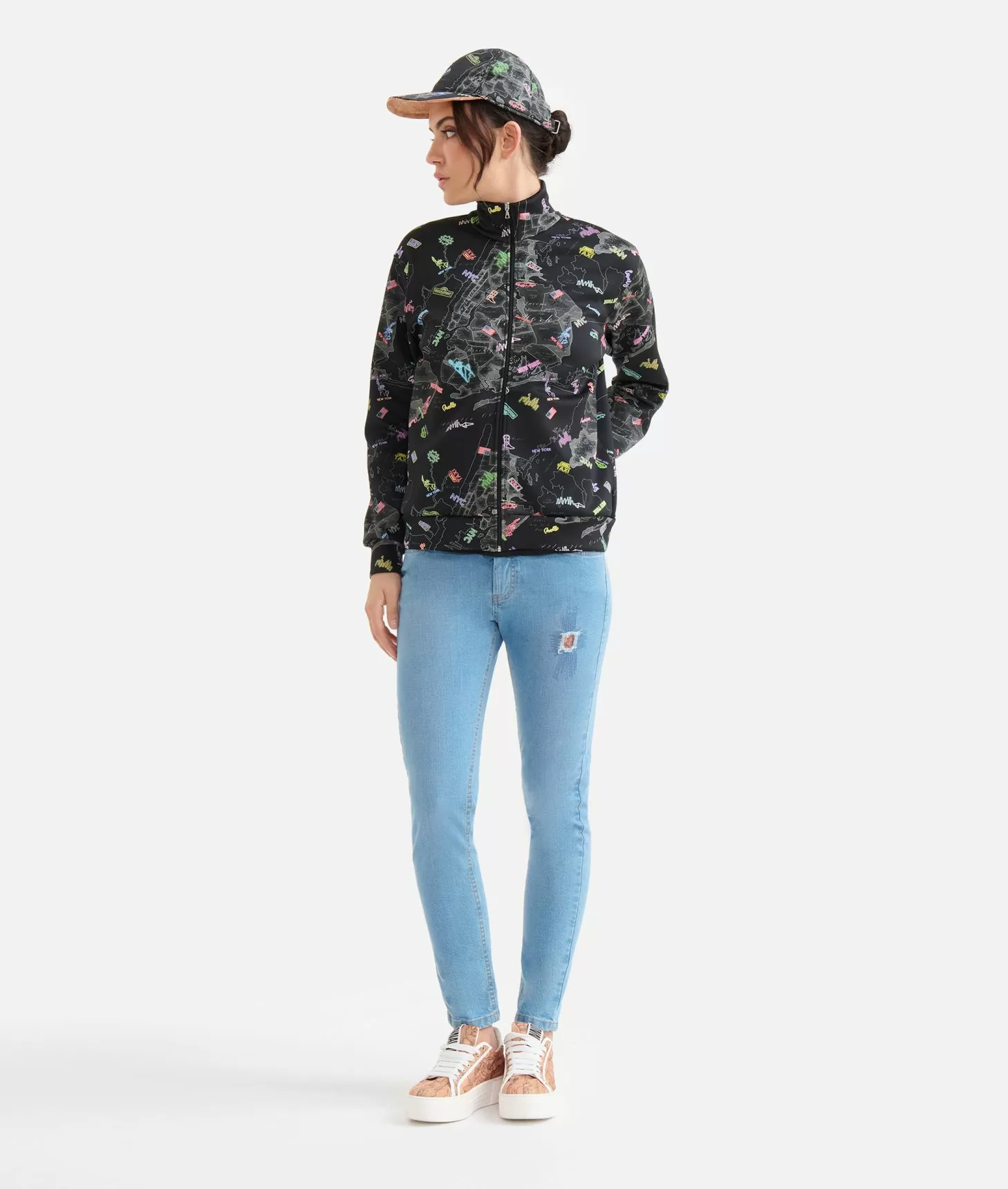 Alviero martini 1a classe Felpa con zip in tessuto scuba stampa Geo NYC Nera