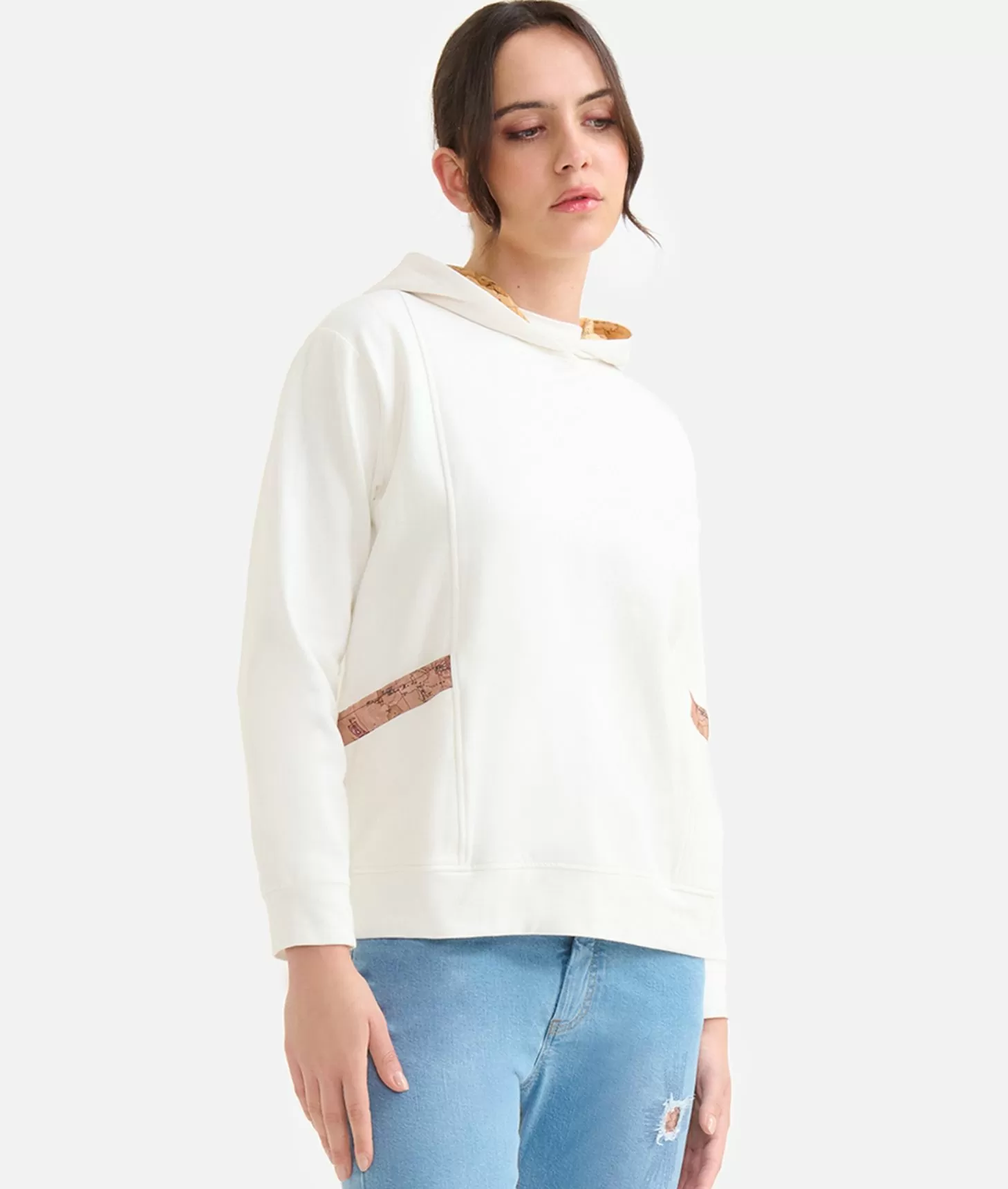 Alviero Martini 1a Classe Felpa In Cotone Garzato Stretch Con Cappuccio Geo Classic Avorio