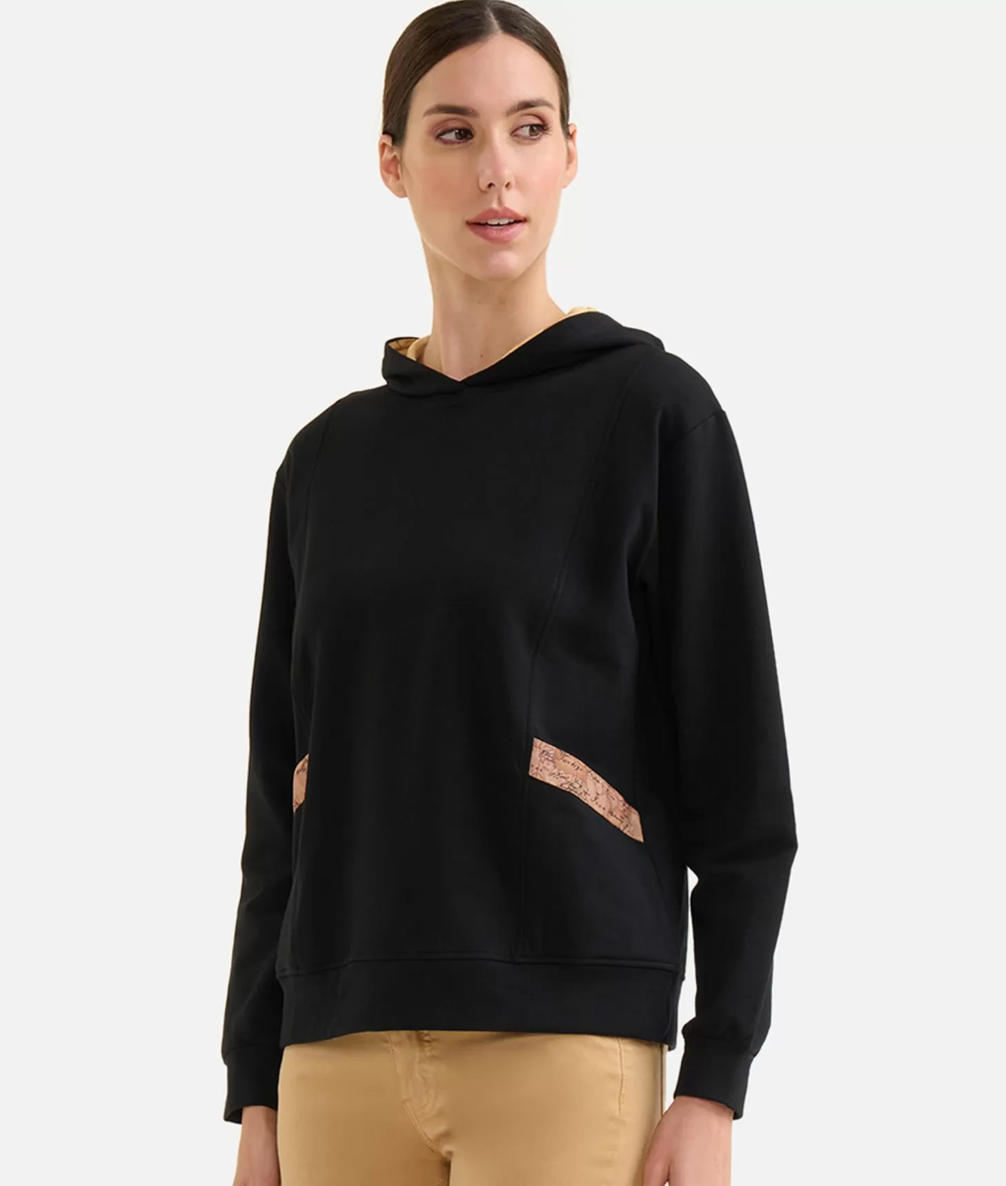 Alviero Martini 1a Classe Felpa In Cotone Garzato Stretch Con Cappuccio Geo Classic Nera