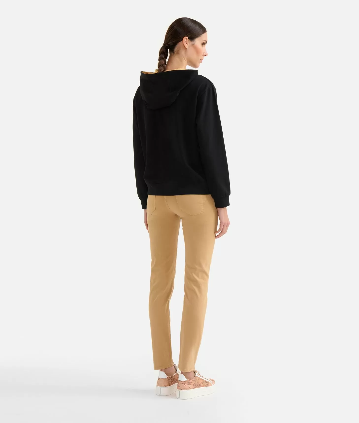 Alviero Martini 1a Classe Felpa In Cotone Garzato Stretch Con Cappuccio Geo Classic Nera