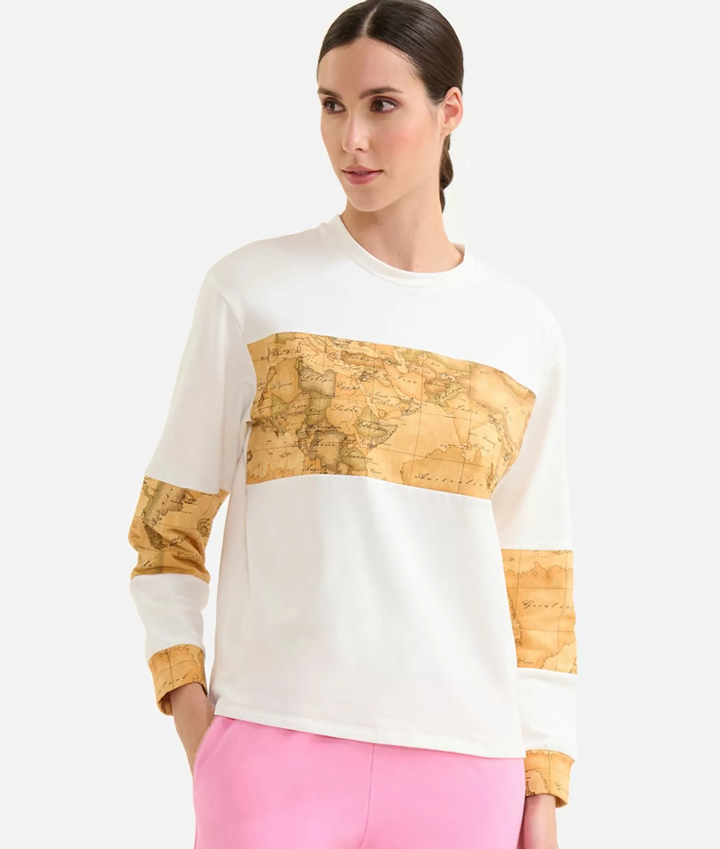 Alviero Martini 1a Classe Felpa In Cotone Garzato Stretch Con Inserti Geo Classic Avorio