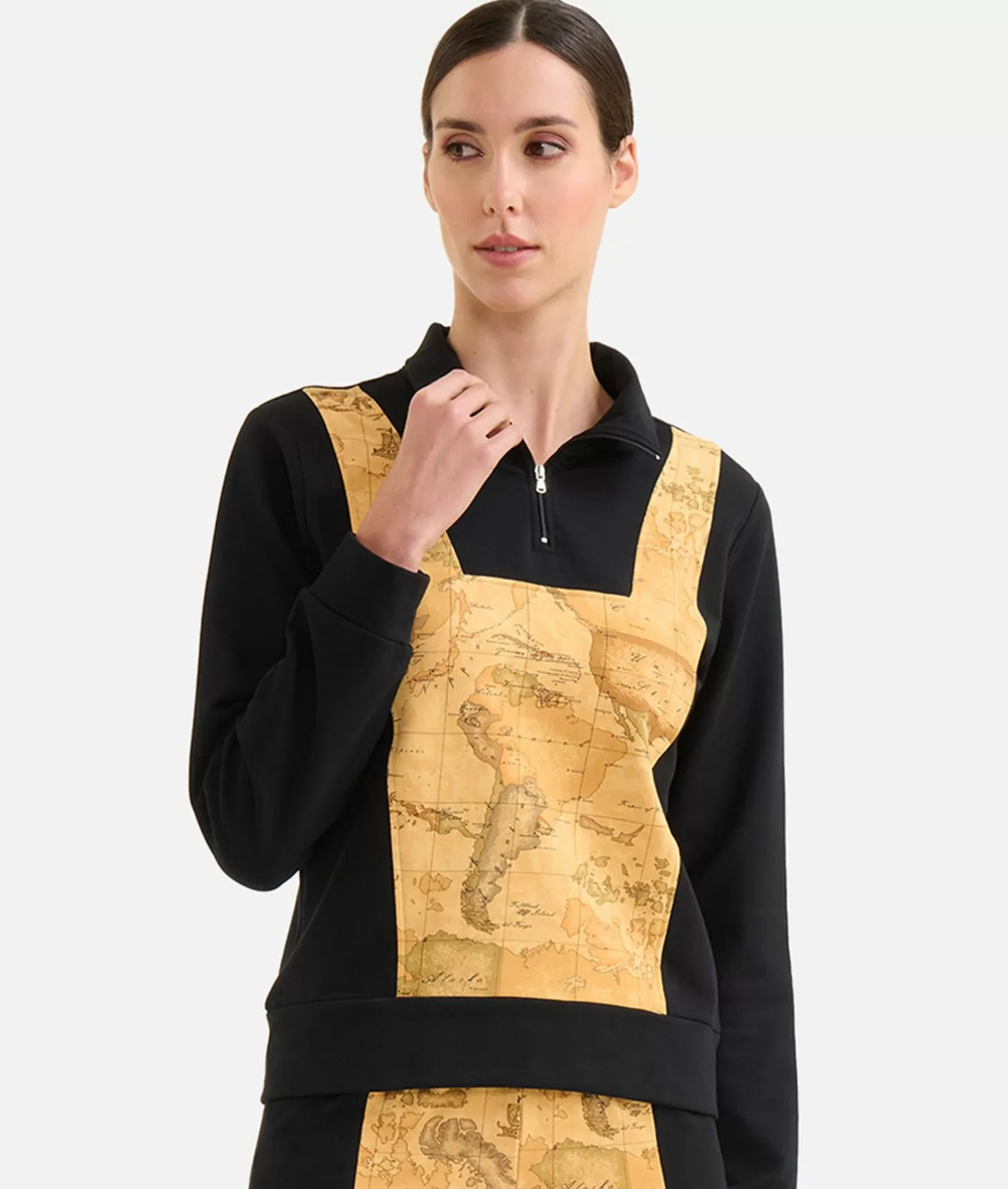 Alviero Martini 1a Classe Felpa In Cotone Garzato Stretch Con Intarsio Geo Classic Nera