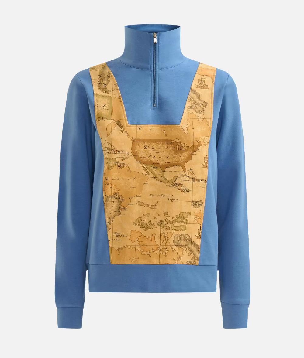 Alviero Martini 1a Classe Felpa In Cotone Garzato Stretch Con Intarsio Geo Classic Denim