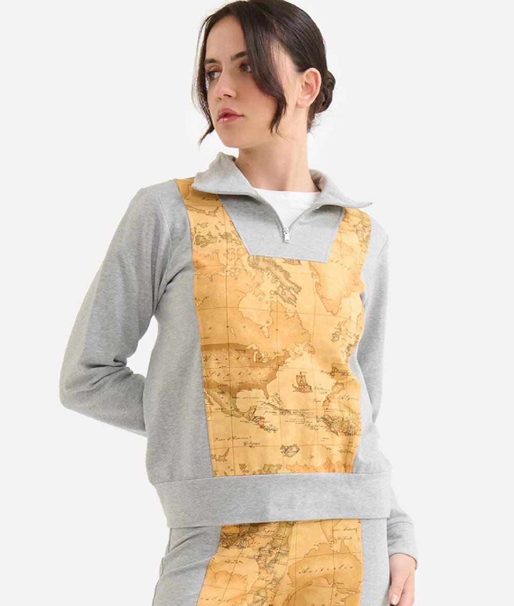 Alviero Martini 1a Classe Felpa In Cotone Garzato Stretch Con Intarsio Geo Classic Grigia