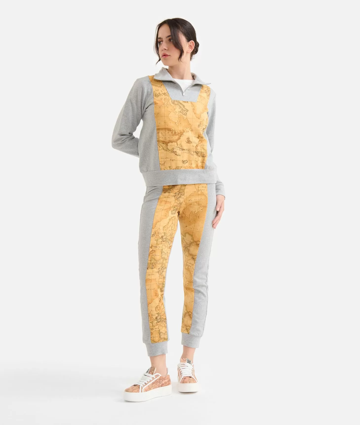 Alviero martini 1a classe Felpa in cotone garzato stretch con intarsio Geo Classic Grigia