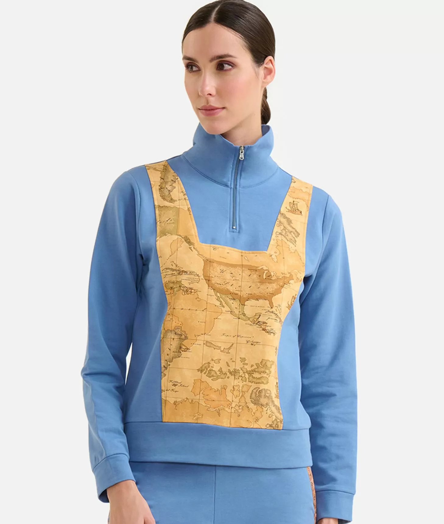 Alviero Martini 1a Classe Felpa In Cotone Garzato Stretch Con Intarsio Geo Classic Denim