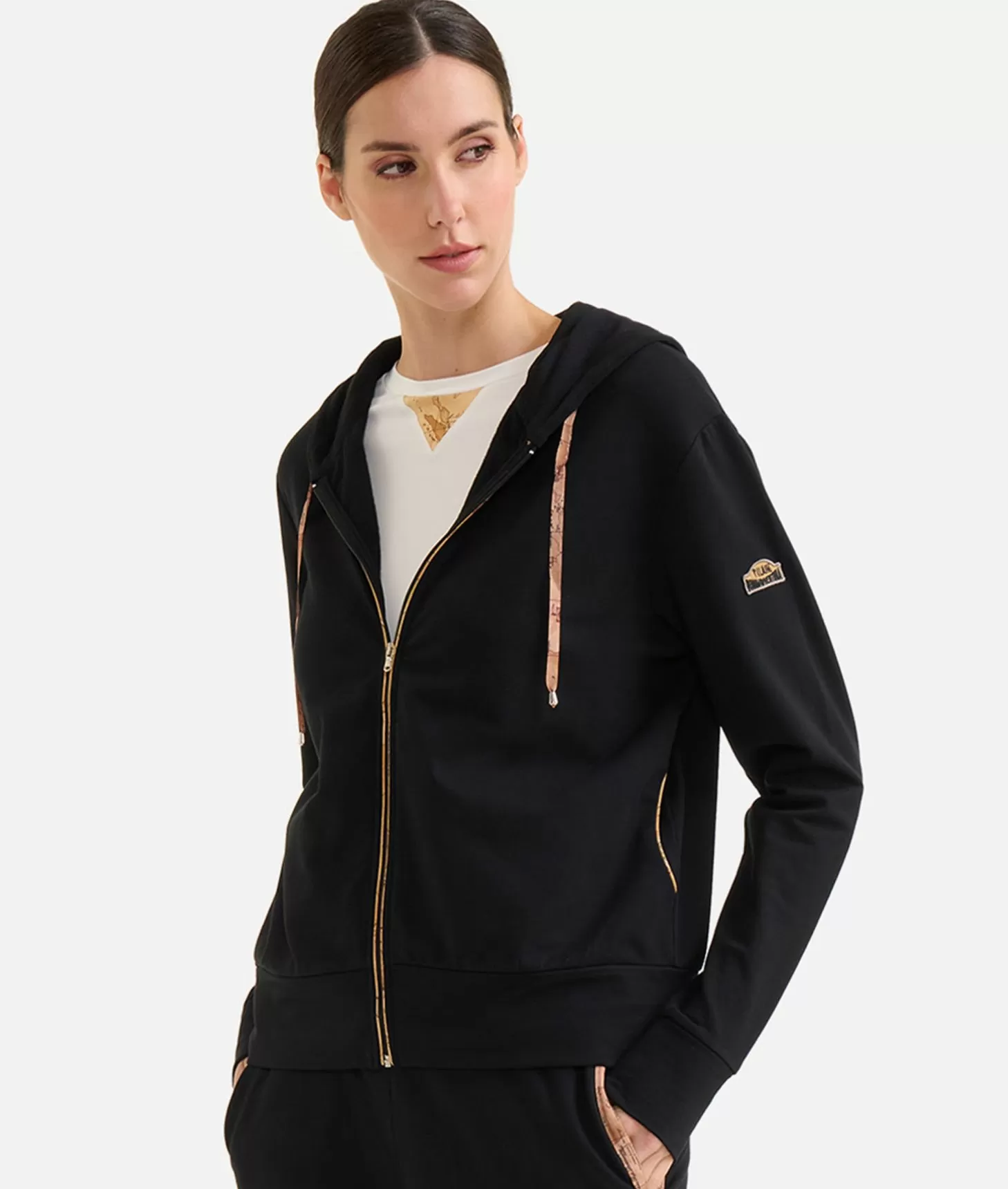 Alviero Martini 1a Classe Felpa In Cotone Garzato Stretch Con Patch Donnavventura Nera