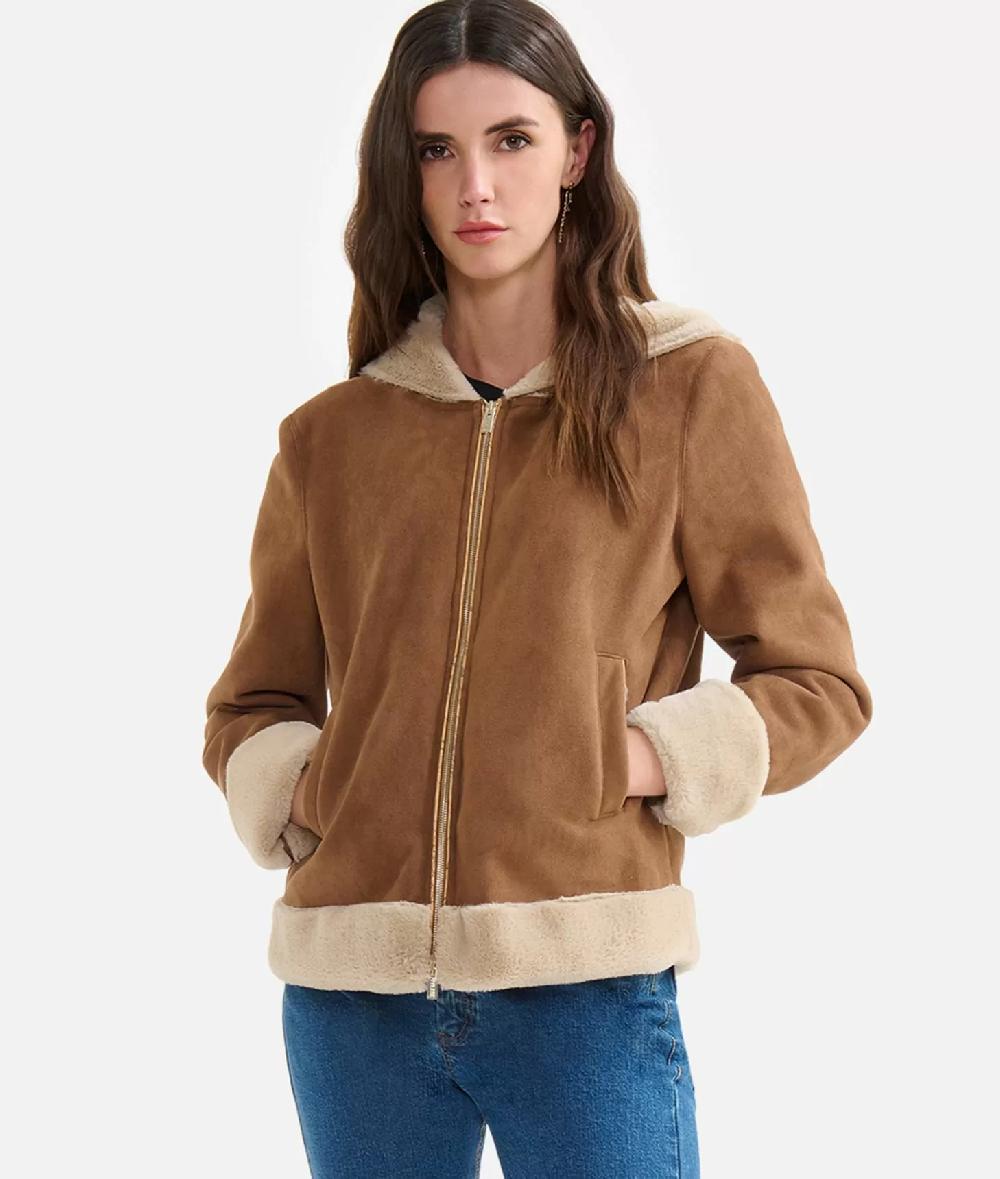 Alviero Martini 1a Classe Giacca In Eco Montone Con Cappuccio Cuoio