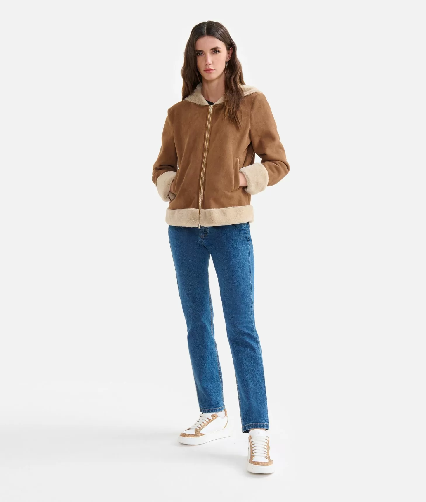 Alviero martini 1a classe Giacca in eco montone con cappuccio Cuoio