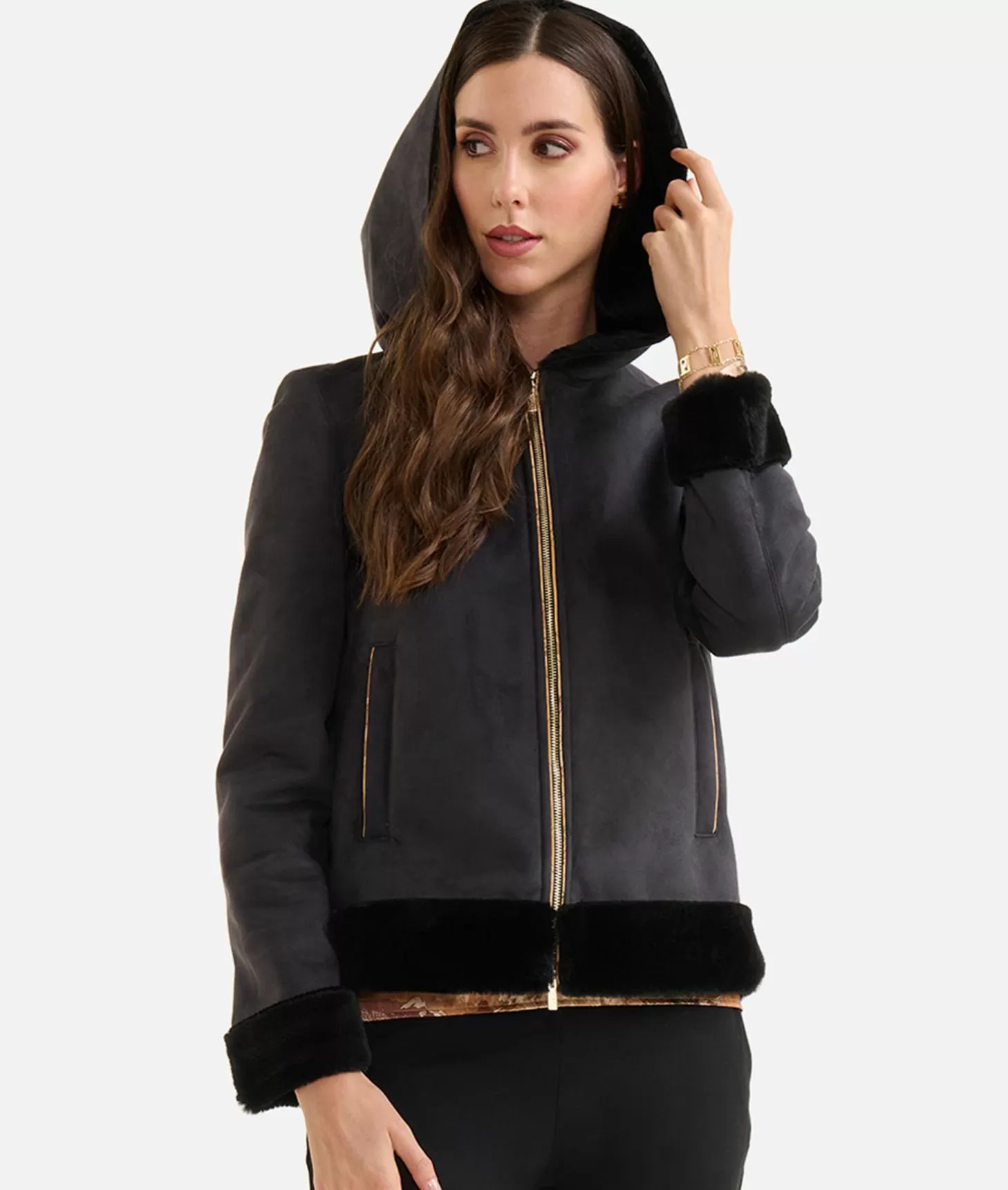 Alviero Martini 1a Classe Giacca In Eco Montone Con Cappuccio Nera